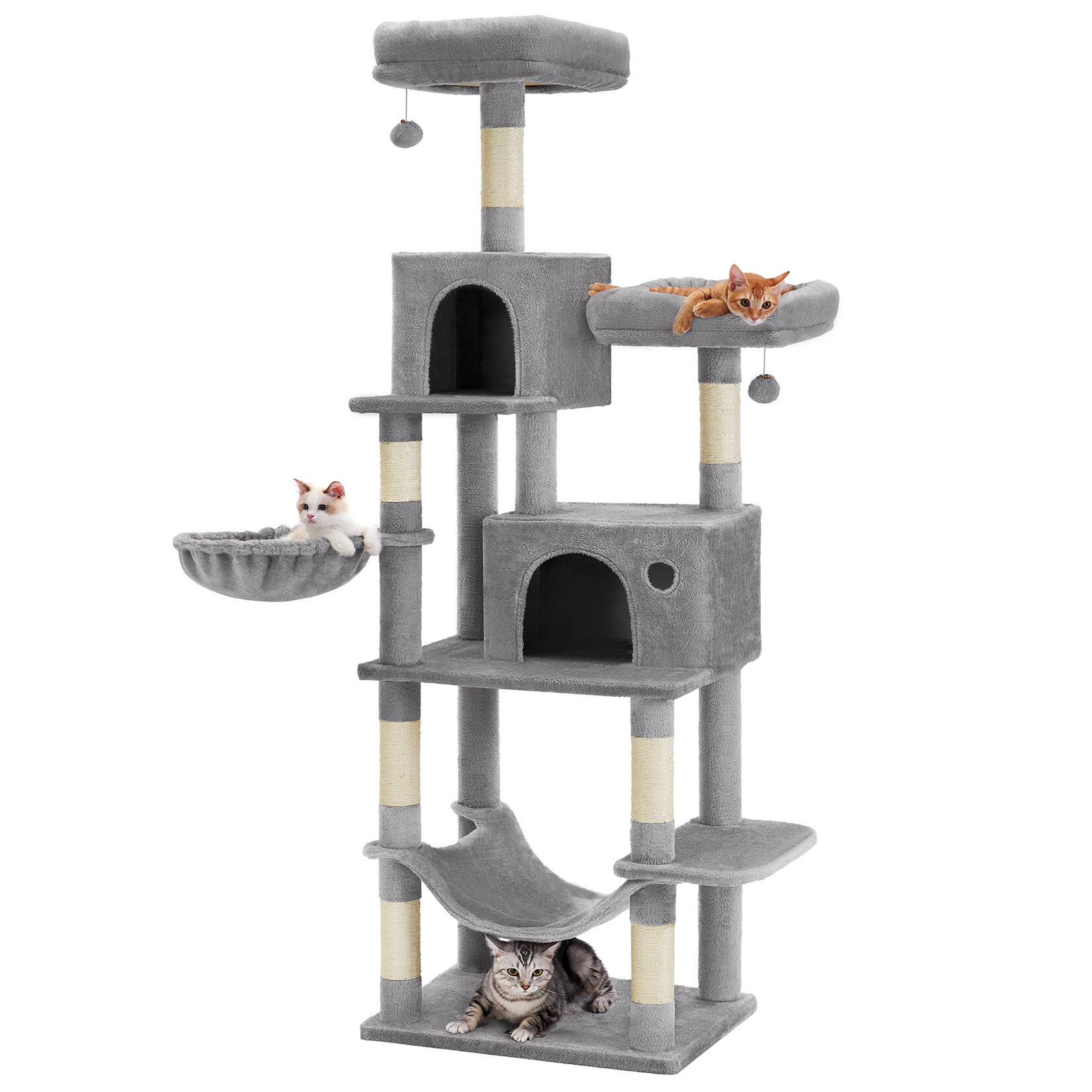 Cat Tree 199 cm – Climbing Tower with Sisal Scratching Posts, Removable Washable Cushions, Multiple Platforms and Caves, Anti-Tip Kit, Light Grey