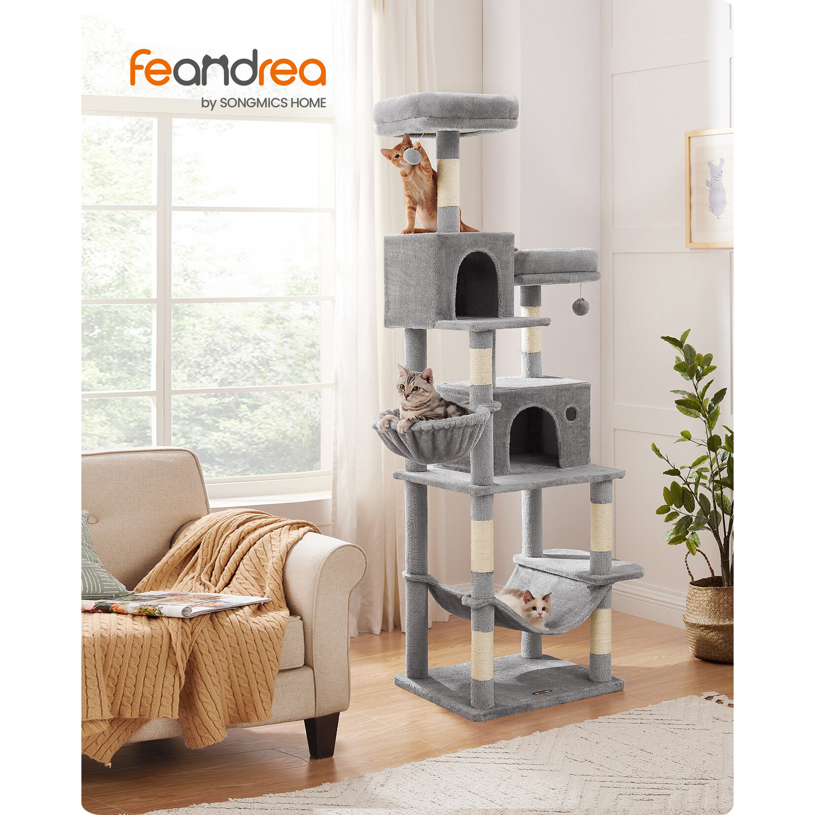 Cat Tree 199 cm – Climbing Tower with Sisal Scratching Posts, Removable Washable Cushions, Multiple Platforms and Caves, Anti-Tip Kit, Light Grey