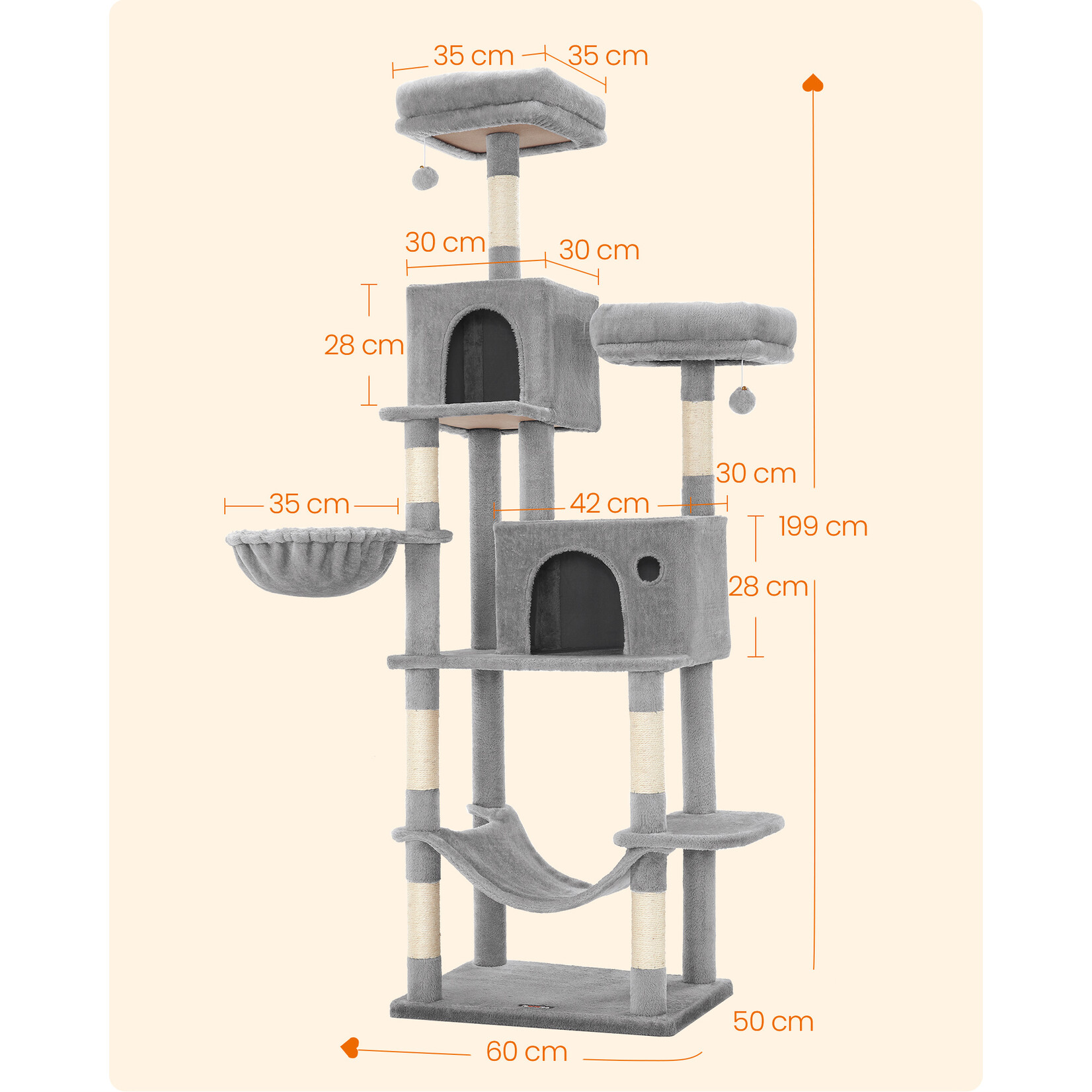 krabpaal 199 cm – klimboom met sisal krabpalen, afneembare en wasbare kussens, meerdere platforms en grotten, antikanteling, lichtgrij