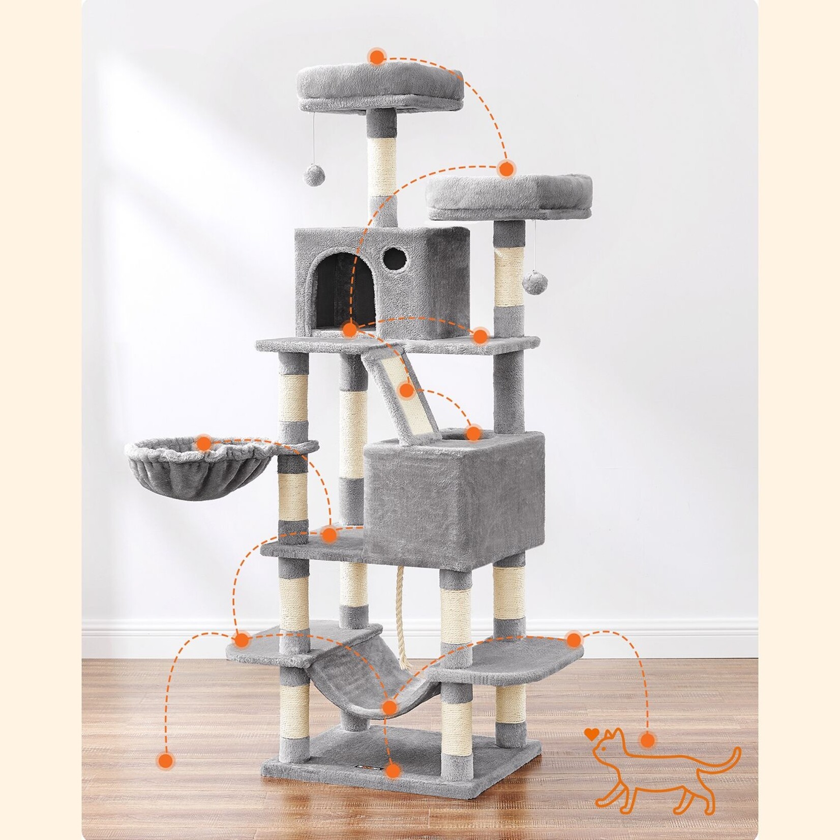 Large Cat Tree 168 cm – 13 Sisal Posts, Scratching Ramp, 2 Platforms, 2 Caves, Basket, Hammock, Plush Balls, Anti-Tip Kit, Light Grey