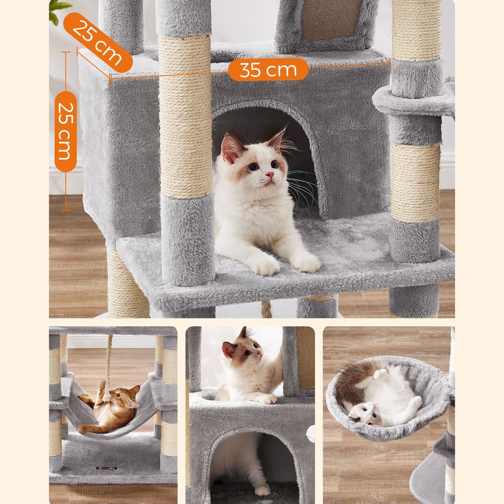 Large Cat Tree 168 cm – 13 Sisal Posts, Scratching Ramp, 2 Platforms, 2 Caves, Basket, Hammock, Plush Balls, Anti-Tip Kit, Light Grey