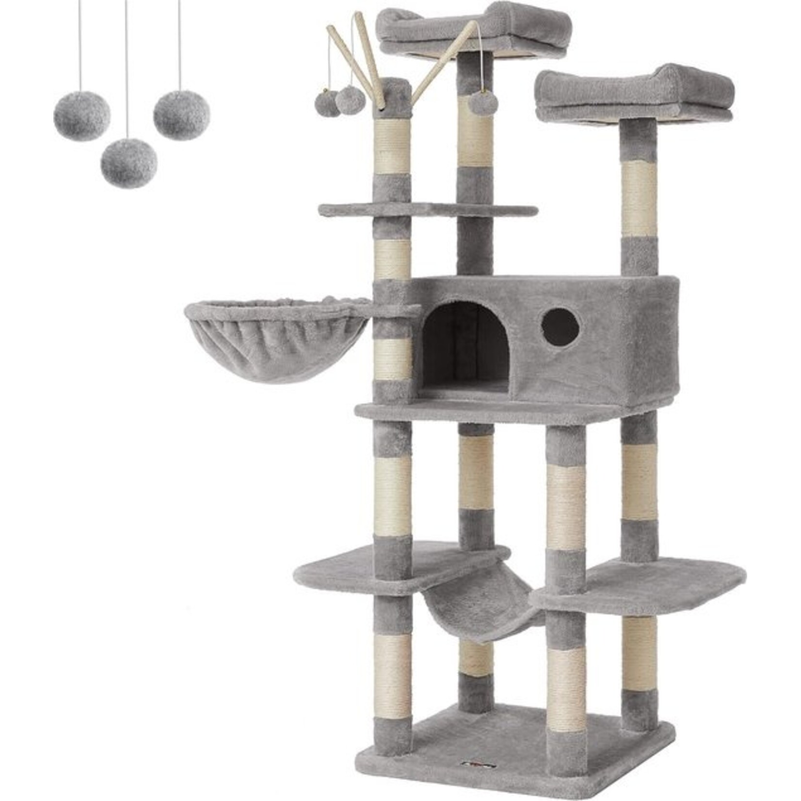 XXL Cat Tree 164 cm – 5 Levels, 2 Platforms, Cat House, Hammock, 3 Play Bars with Plush Balls, Washable Cushion, Anti-Tip Kit, Light Grey