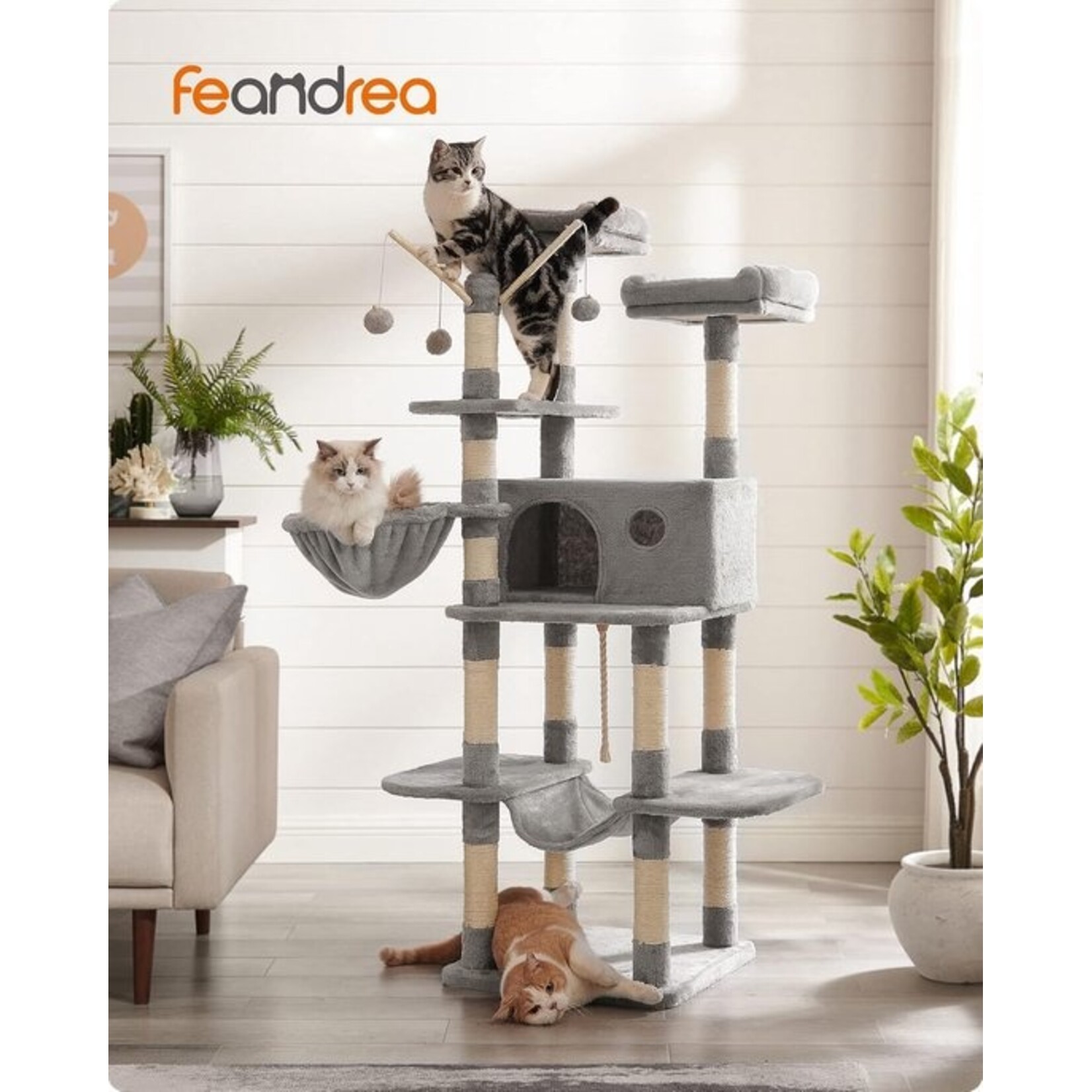 XXL Cat Tree 164 cm – 5 Levels, 2 Platforms, Cat House, Hammock, 3 Play Bars with Plush Balls, Washable Cushion, Anti-Tip Kit, Light Grey
