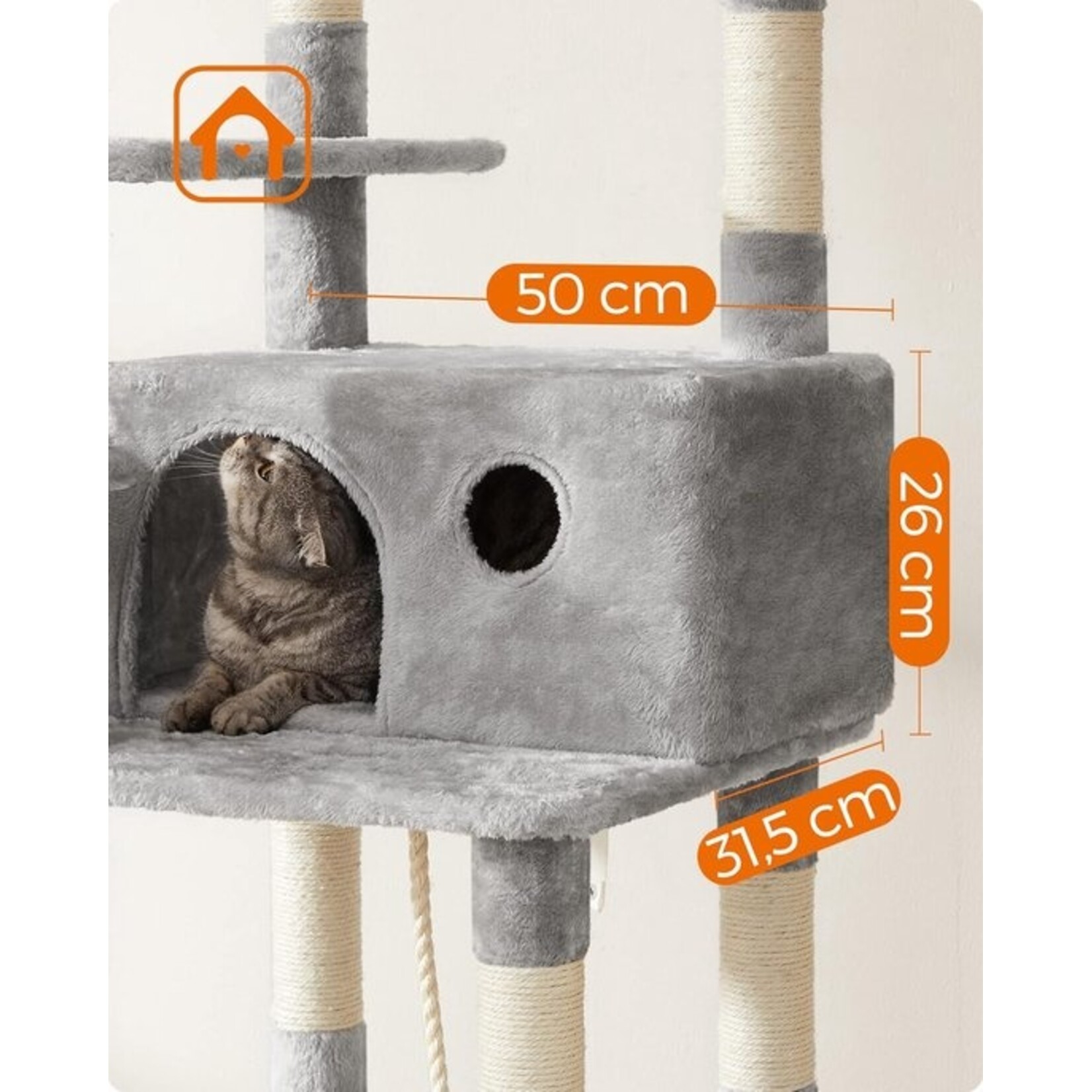 XXL Cat Tree 164 cm – 5 Levels, 2 Platforms, Cat House, Hammock, 3 Play Bars with Plush Balls, Washable Cushion, Anti-Tip Kit, Light Grey