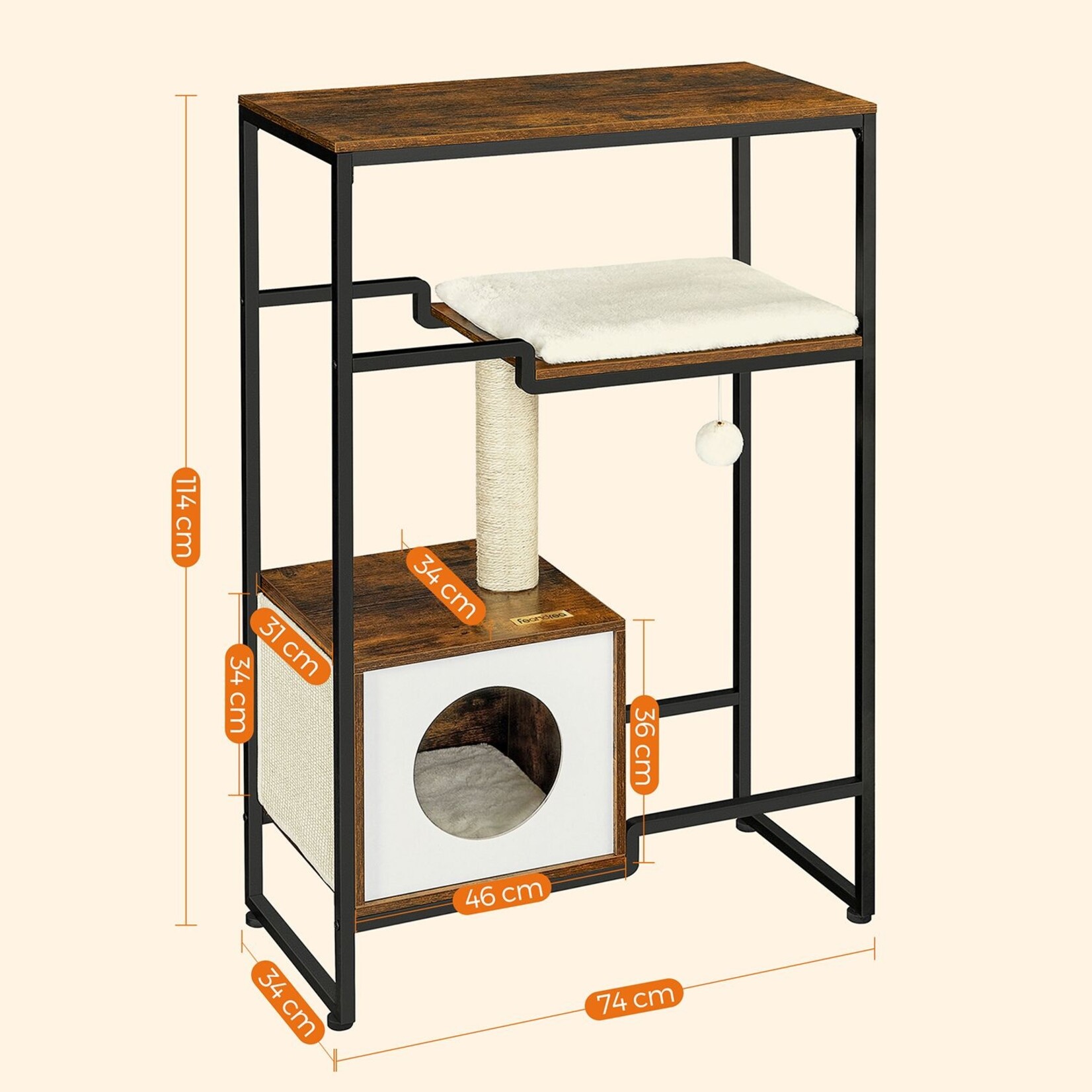 2-in-1 krabpaal en meubel 114 cm – platform, grot, sisalstammen, sisalmat, 2 wasbare kussens, grote bovenplank, stalen frame, vintage bruin