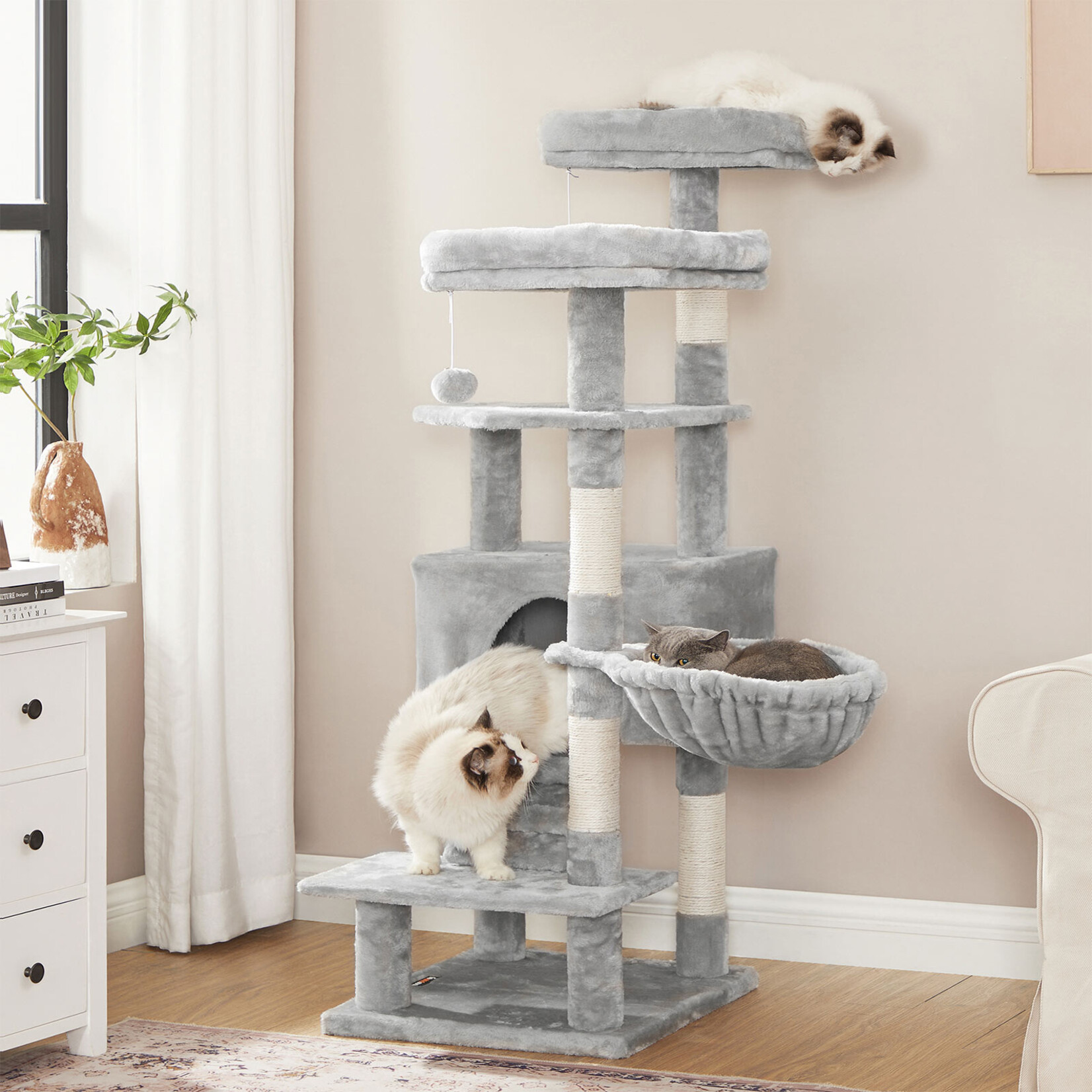 kattenboom activiteitencentrum 142 cm – 2 platforms, grot, hangmat, sisalstammen, trapvormig design, kantelbeveiliging, lichtgrijs