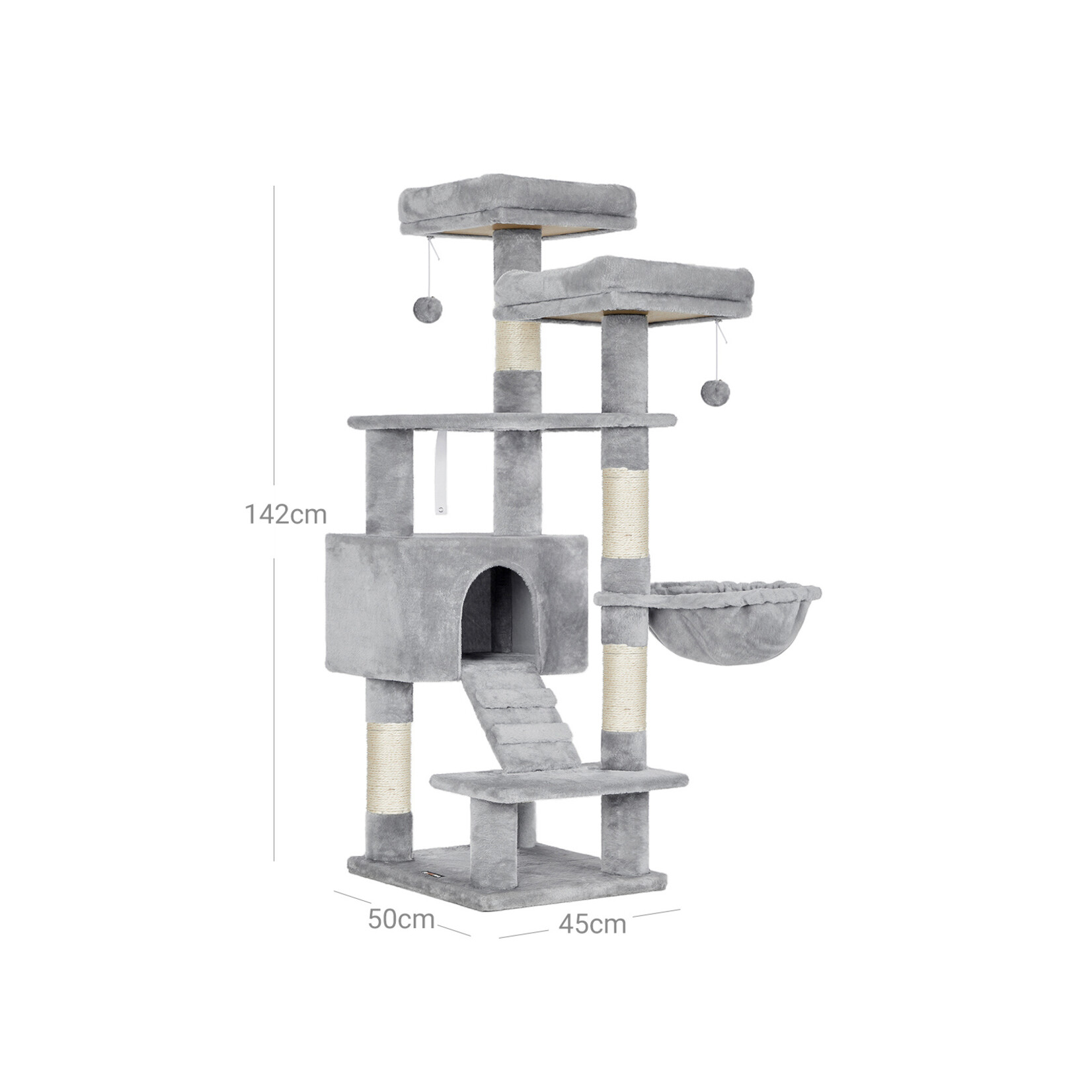 kattenboom activiteitencentrum 142 cm – 2 platforms, grot, hangmat, sisalstammen, trapvormig design, kantelbeveiliging, lichtgrijs