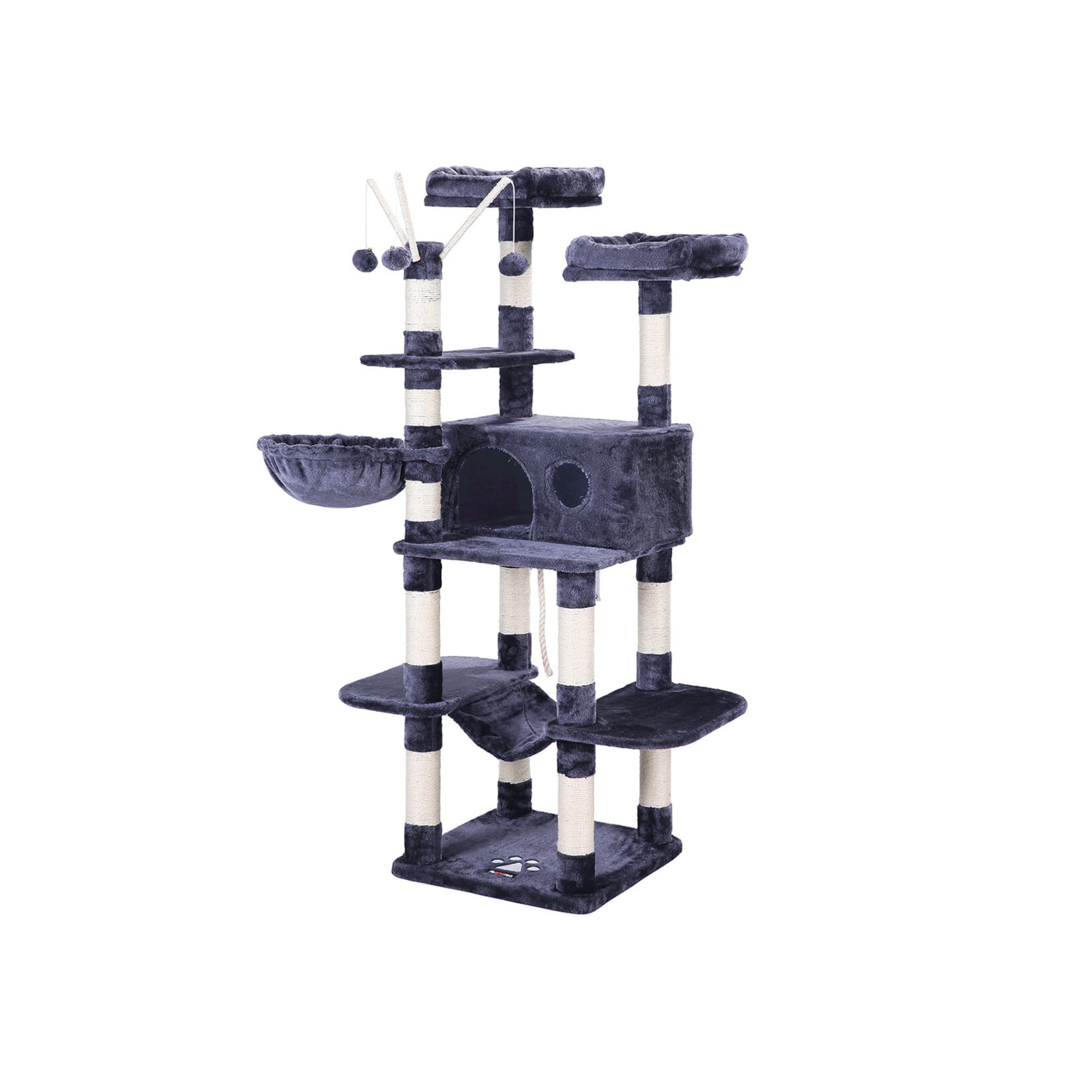XXL Cat Tree Cat Condo 164 cm – 6 Levels, 2 Platforms, Cat House, Hammock, Lounger, 3 Play Wands, Sisal Rope, Anti-Tip Design, Smoky Grey