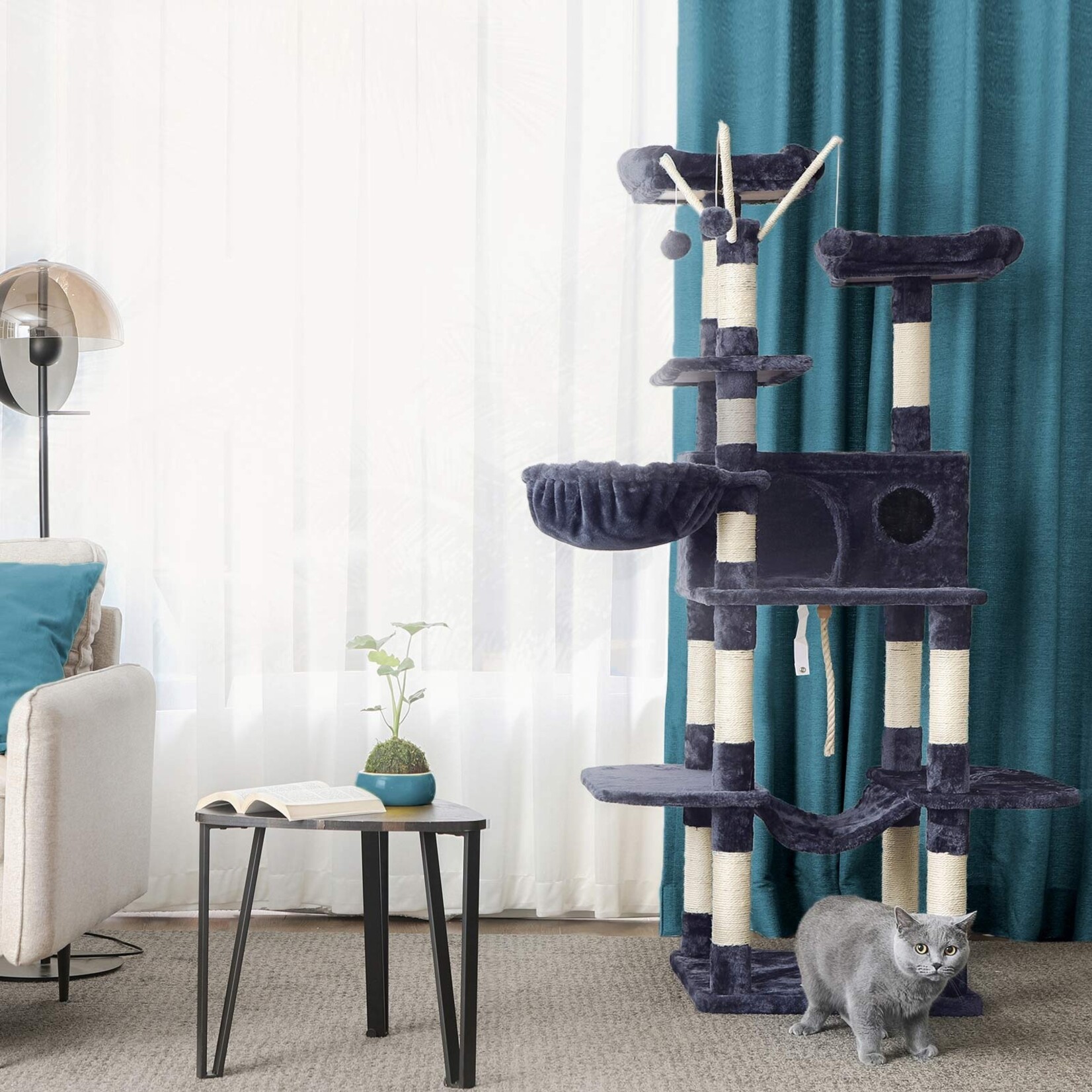 krabpaal XXL cat condo 164 cm – 6 niveaus, 2 platforms, kattenhuis, hangmat, ligstoel, 3 speelhengels, sisaltouw, anti-kanteling, rookgrijs