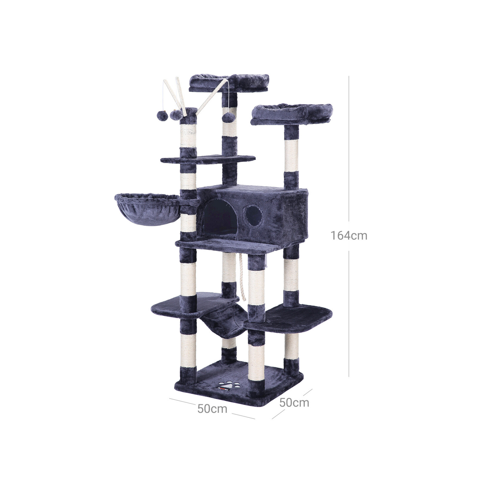 krabpaal XXL cat condo 164 cm – 6 niveaus, 2 platforms, kattenhuis, hangmat, ligstoel, 3 speelhengels, sisaltouw, anti-kanteling, rookgrijs