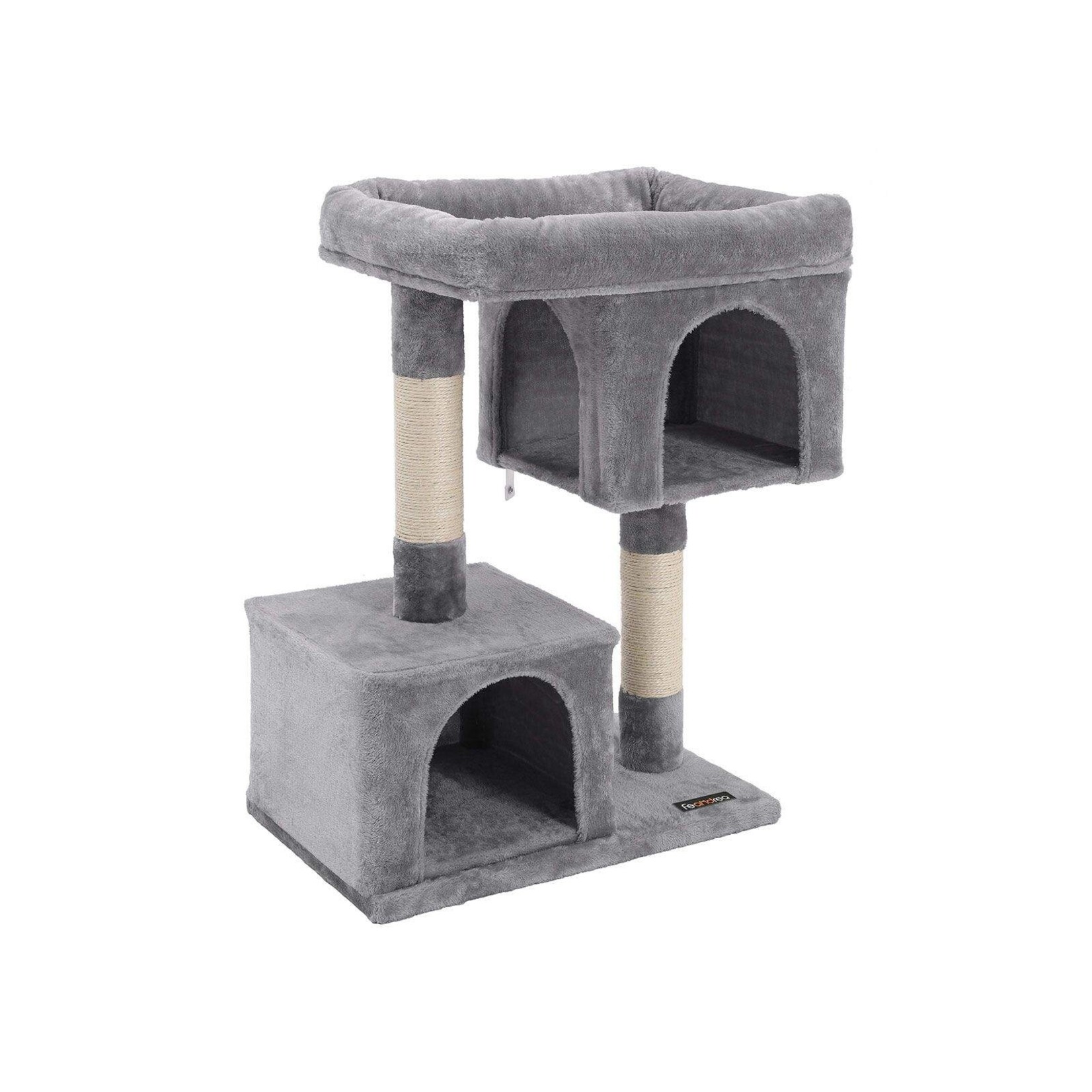 krabpaal speelhuis 84 cm – groot platform met opstaande rand, 2 pluche grotten, sisalstammen, pluche bal, versterkte basis, kantelbeveiliging, lichtgrijs