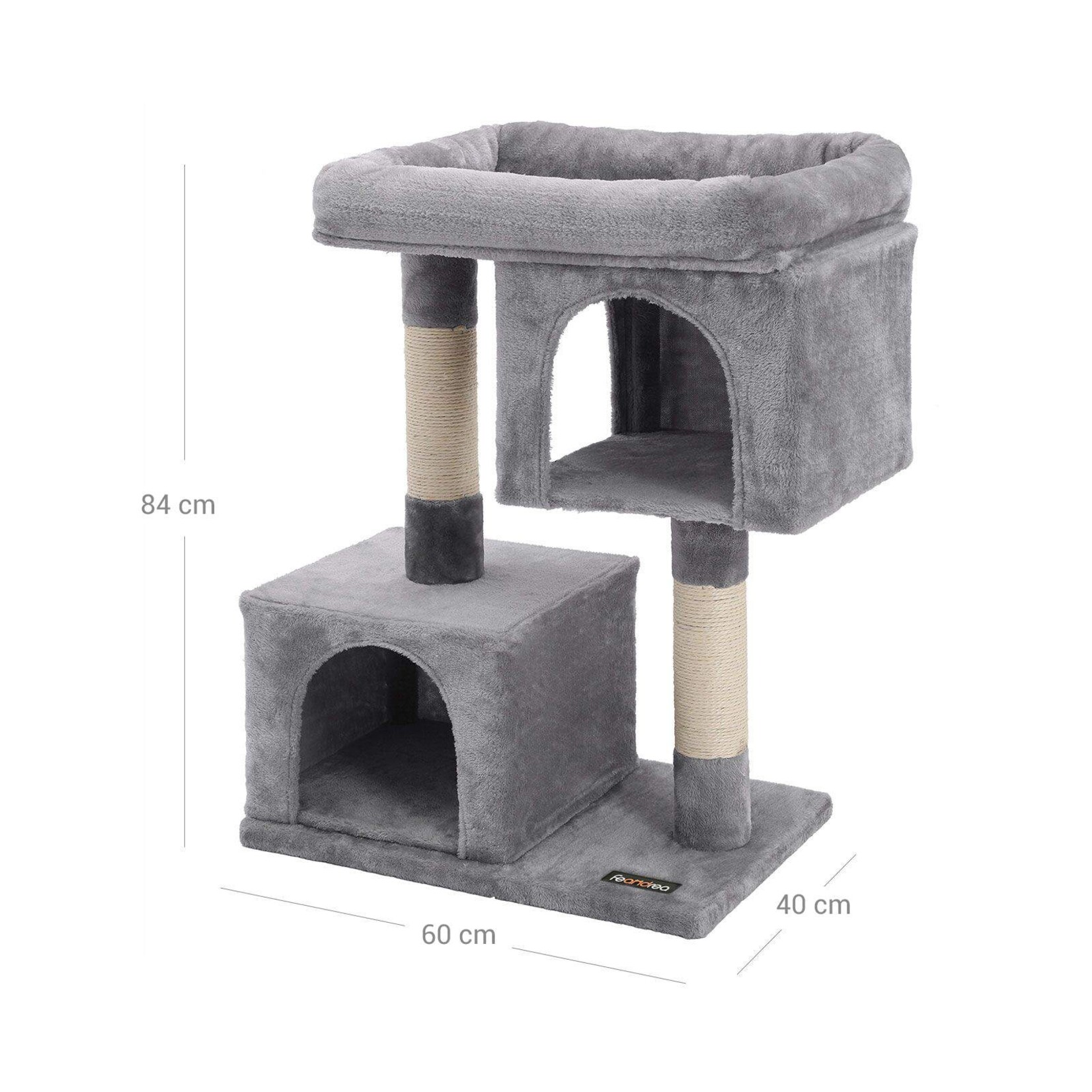 krabpaal speelhuis 84 cm – groot platform met opstaande rand, 2 pluche grotten, sisalstammen, pluche bal, versterkte basis, kantelbeveiliging, lichtgrijs