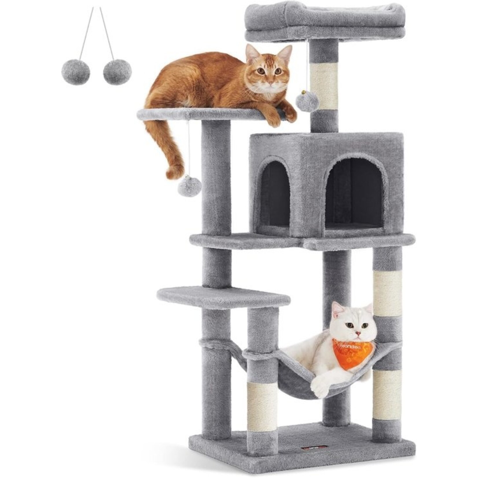 Cat Tree 112 cm – 4 Sisal Scratching Posts, 2 Padded Platforms, Hammock, Cave, 2 Plush Balls, Multi-Level Design, Anti-Tip Kit, Light Grey