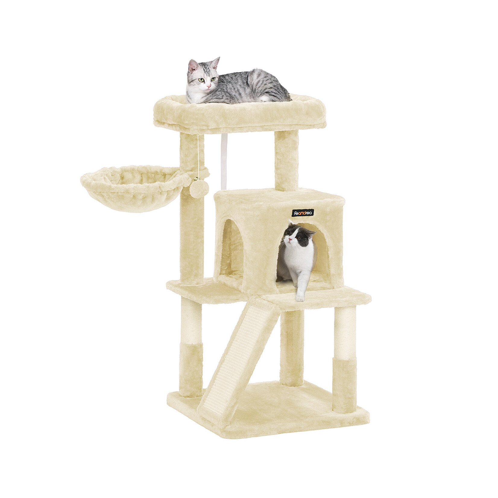 Cat Tree Large Platform 112 cm – Wide Platform 45×30 cm, Cave with Double Door, 2-in-1 Scratching Ramp, Lounger, 2 Sisal Posts, Beige