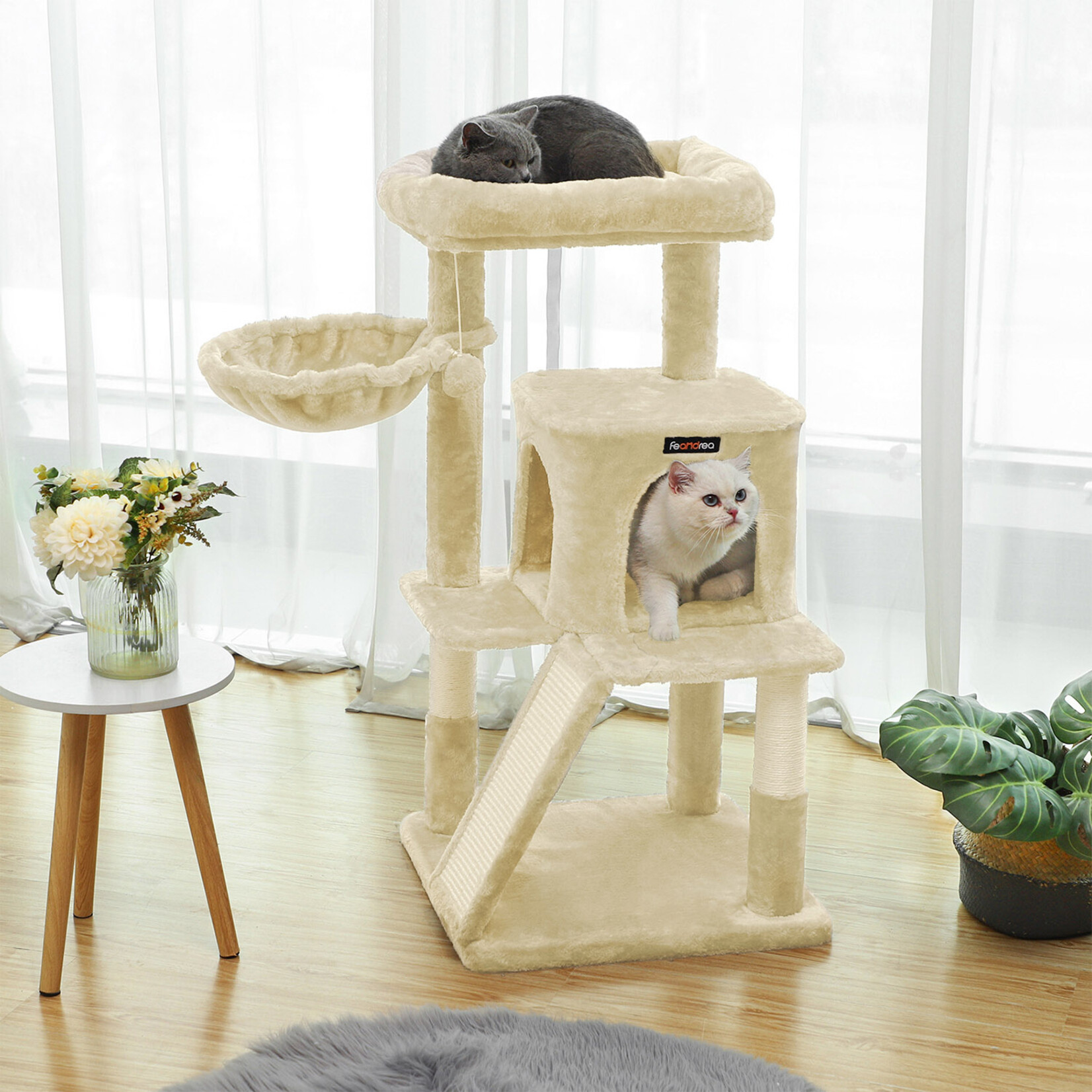 Cat Tree Large Platform 112 cm – Wide Platform 45×30 cm, Cave with Double Door, 2-in-1 Scratching Ramp, Lounger, 2 Sisal Posts, Beige