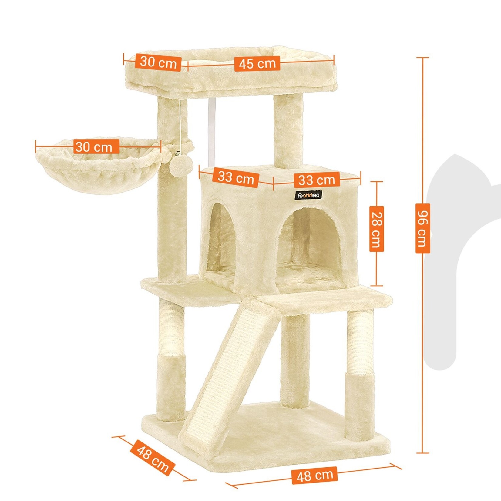 Cat Tree Large Platform 112 cm – Wide Platform 45×30 cm, Cave with Double Door, 2-in-1 Scratching Ramp, Lounger, 2 Sisal Posts, Beige