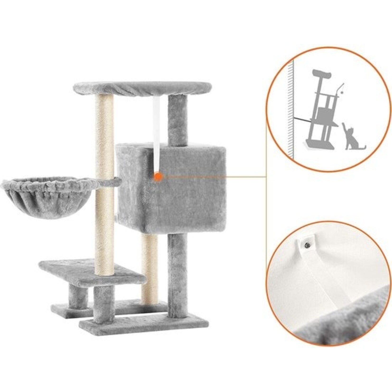 krabpaal compact 84 cm – 3 niveaus, trapachtige indeling, afneembaar wasbaar kussen, grot, fauteuil, 2 sisalpalen, kittens, lichtgrijs