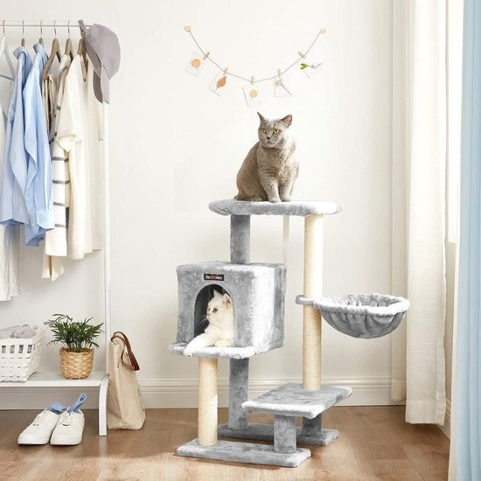 Compact Cat Tree 84 cm – 3 Levels, Stair-Like Design, Removable Washable Cushion, Cave, Armchair, 2 Sisal Posts, Kittens, Light Grey
