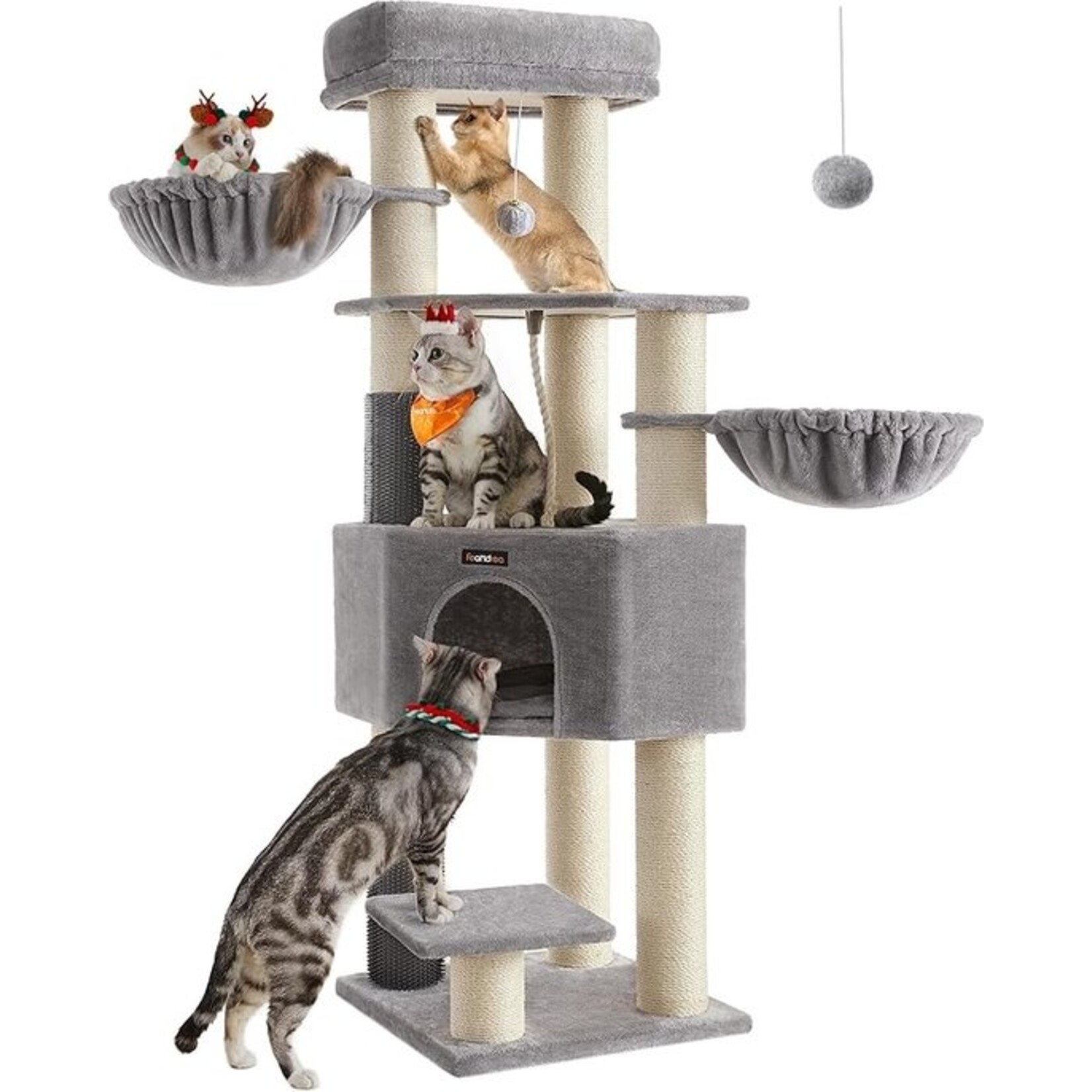 krabpaal groot 160 cm – 9 dikke sisalstammen, zelfverwarmende dekens, 2 kattenborstels, groot platform, grot, wasbaar kussen, kantelbeveiliging, duifgrijs