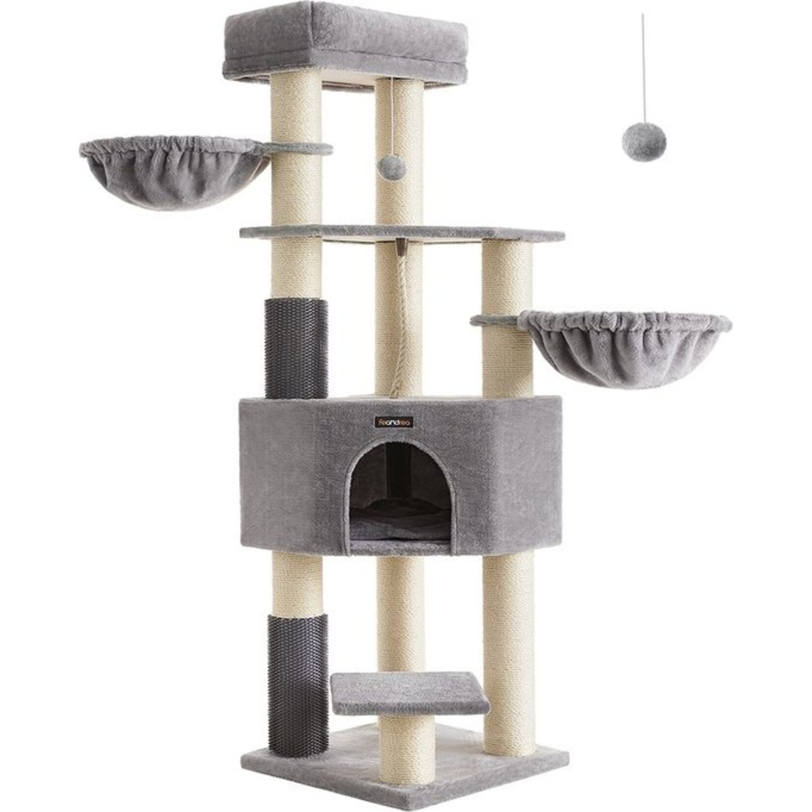krabpaal groot 160 cm – 9 dikke sisalstammen, zelfverwarmende dekens, 2 kattenborstels, groot platform, grot, wasbaar kussen, kantelbeveiliging, duifgrijs