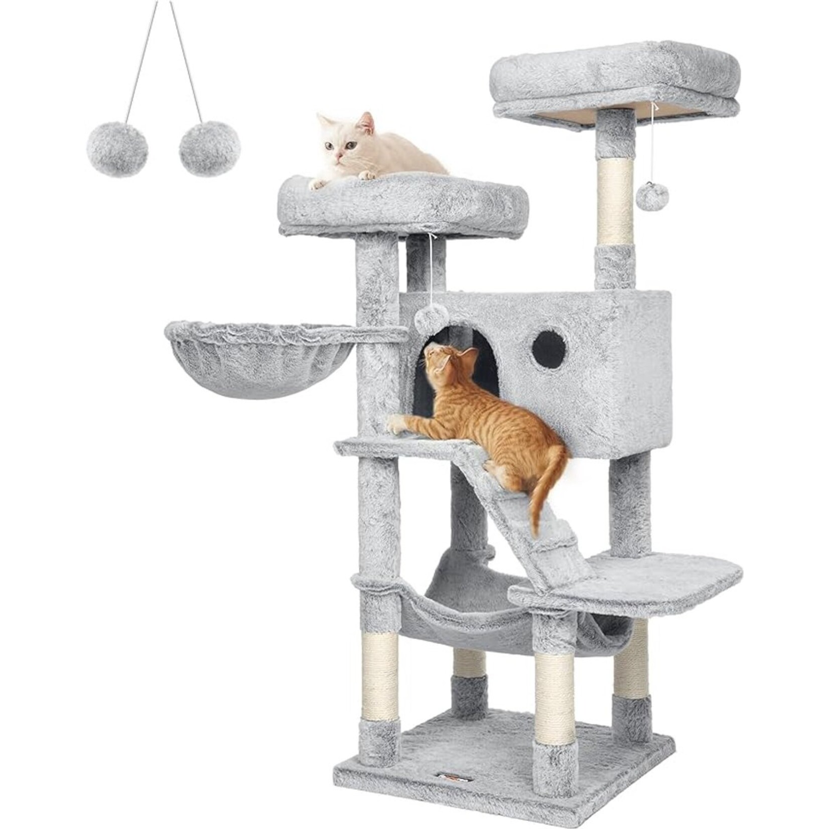 Large Cat Tree 135 cm – Plush Cover, Staircase, Hammock, 2 Platforms, Cave 49×30 cm, 8 Resting Spots, Anti-Tip Kit, Ombre Grey White