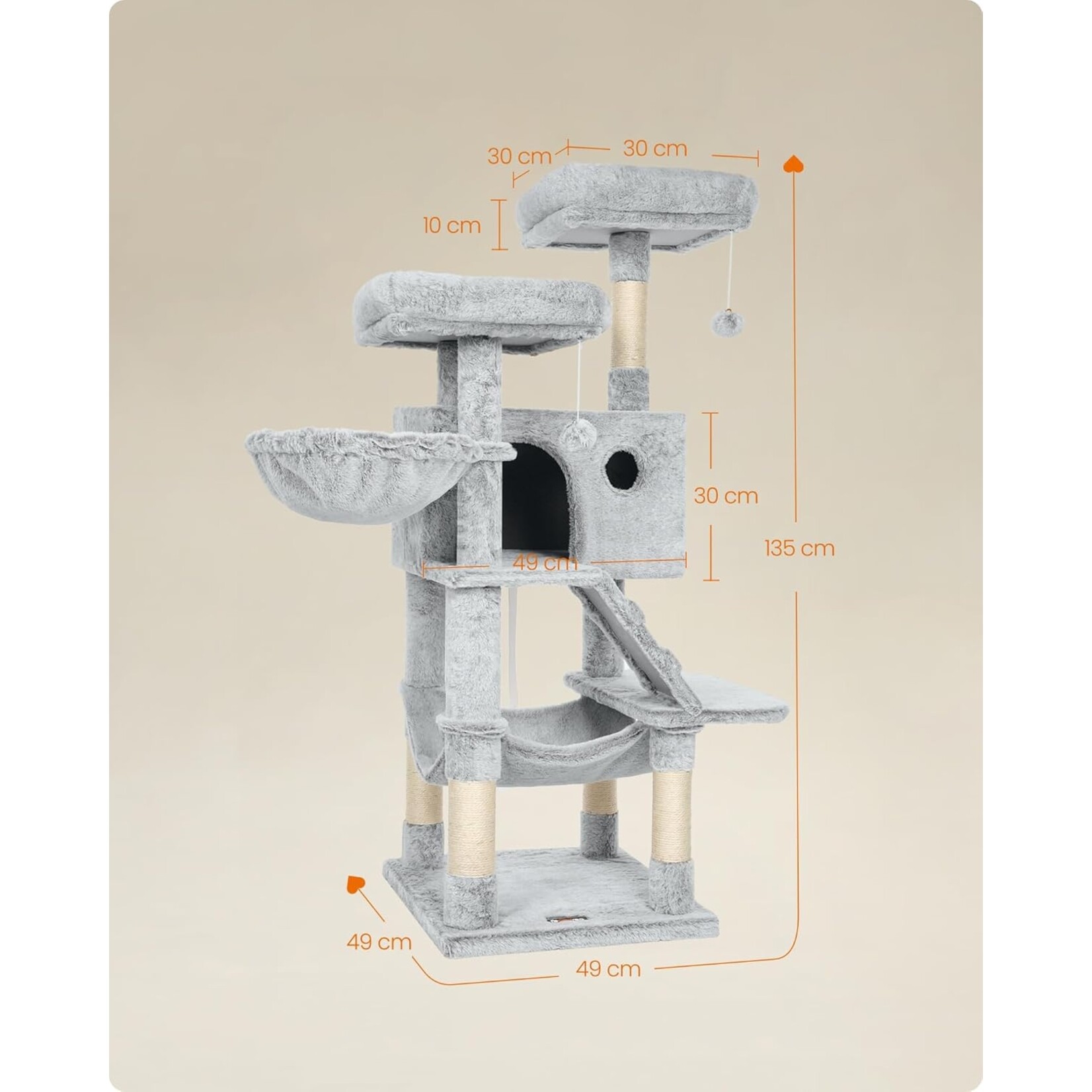 Large Cat Tree 135 cm – Plush Cover, Staircase, Hammock, 2 Platforms, Cave 49×30 cm, 8 Resting Spots, Anti-Tip Kit, Ombre Grey White