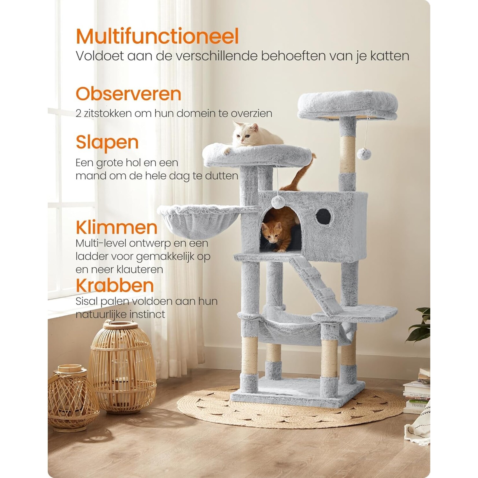 Large Cat Tree 135 cm – Plush Cover, Staircase, Hammock, 2 Platforms, Cave 49×30 cm, 8 Resting Spots, Anti-Tip Kit, Ombre Grey White