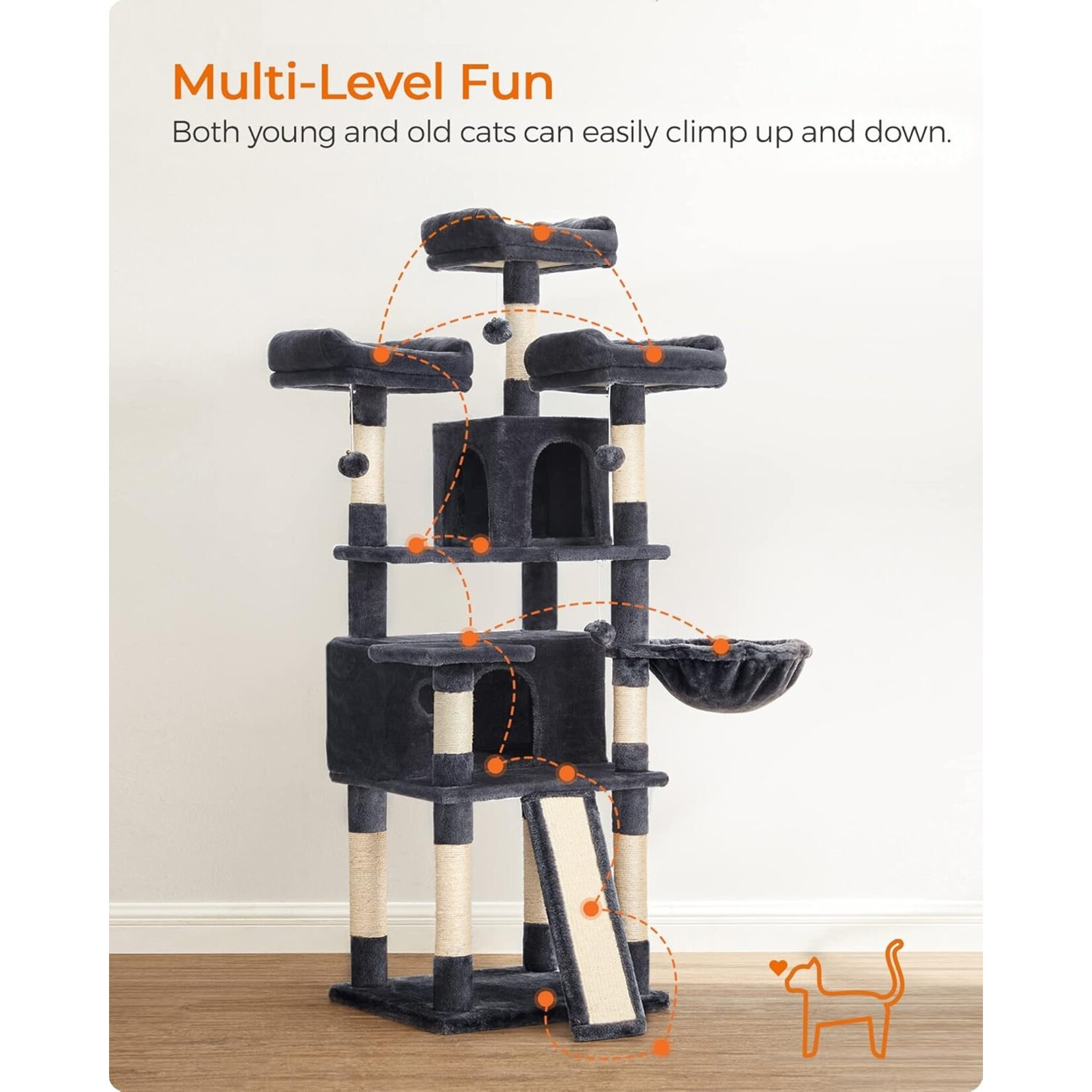 XXL Cat Tree 168 cm – 3 Platforms, 2 Caves, Basket, 3 Pompoms, XXL Scratching Board, Anti-Tip Kit, 54 × 49 cm, Smoky Grey