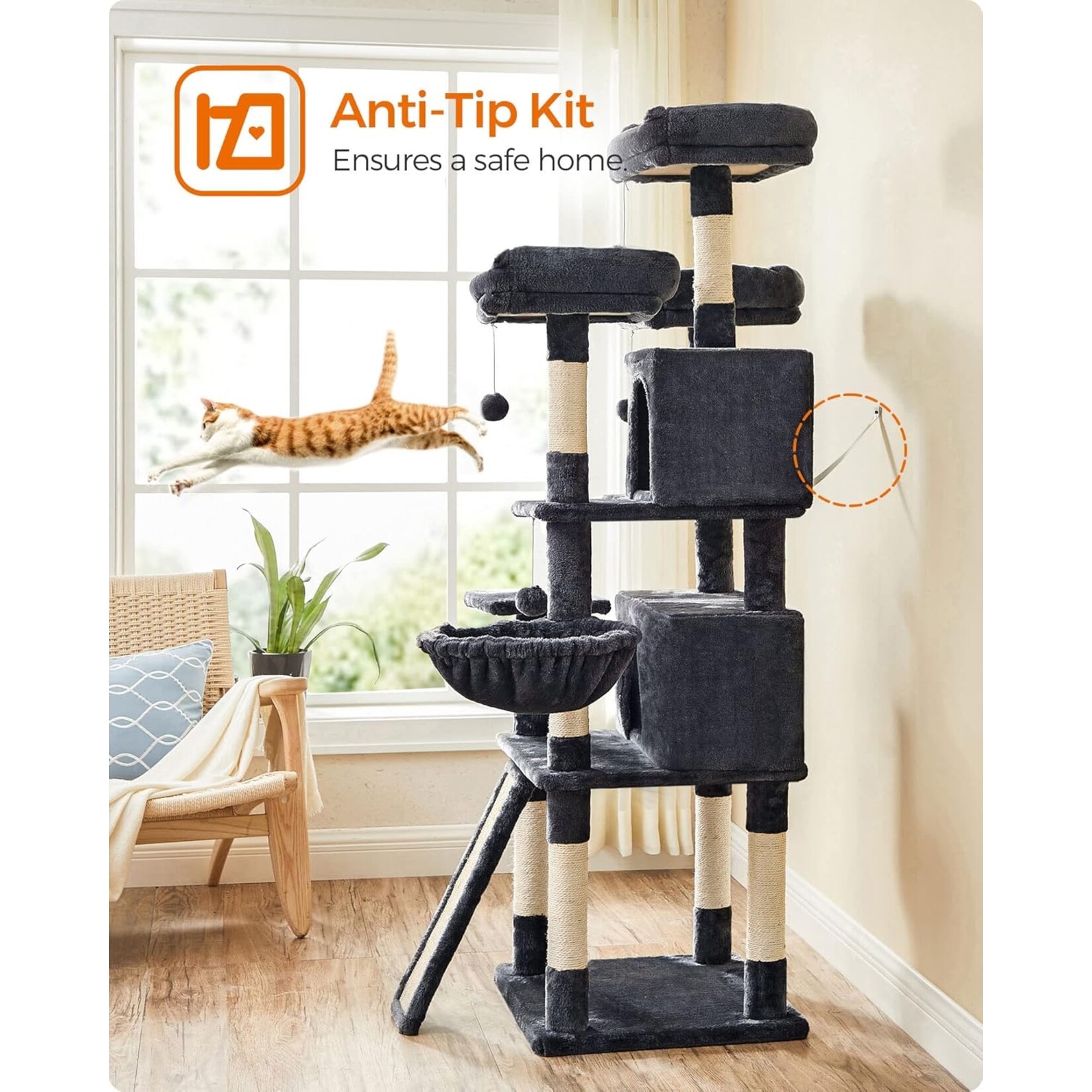 XXL Cat Tree 168 cm – 3 Platforms, 2 Caves, Basket, 3 Pompoms, XXL Scratching Board, Anti-Tip Kit, 54 × 49 cm, Smoky Grey