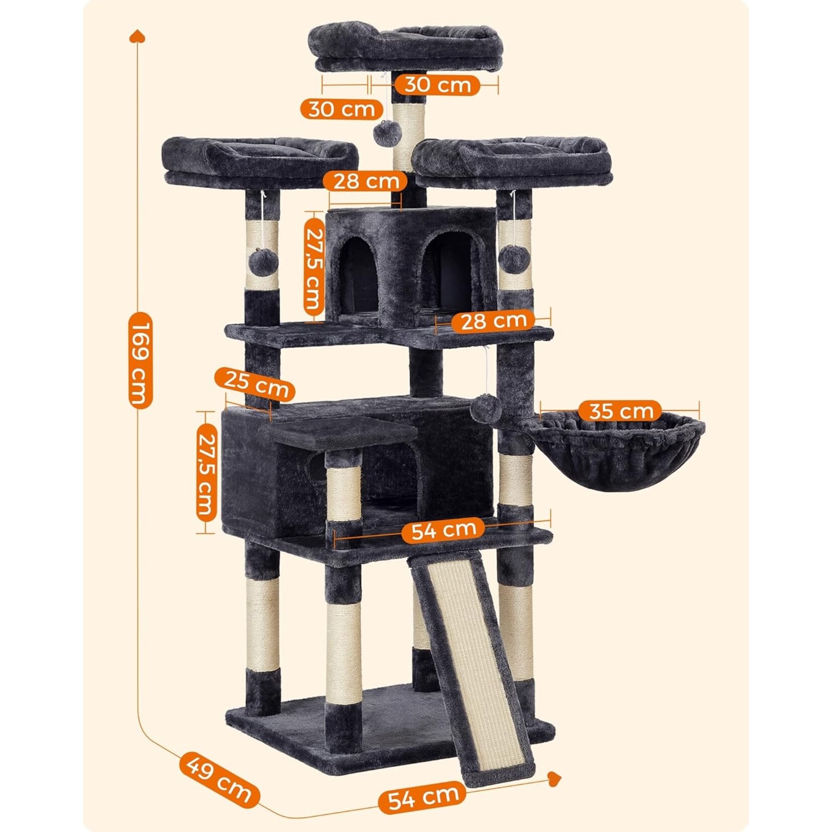 XXL Cat Tree 168 cm – 3 Platforms, 2 Caves, Basket, 3 Pompoms, XXL Scratching Board, Anti-Tip Kit, 54 × 49 cm, Smoky Grey