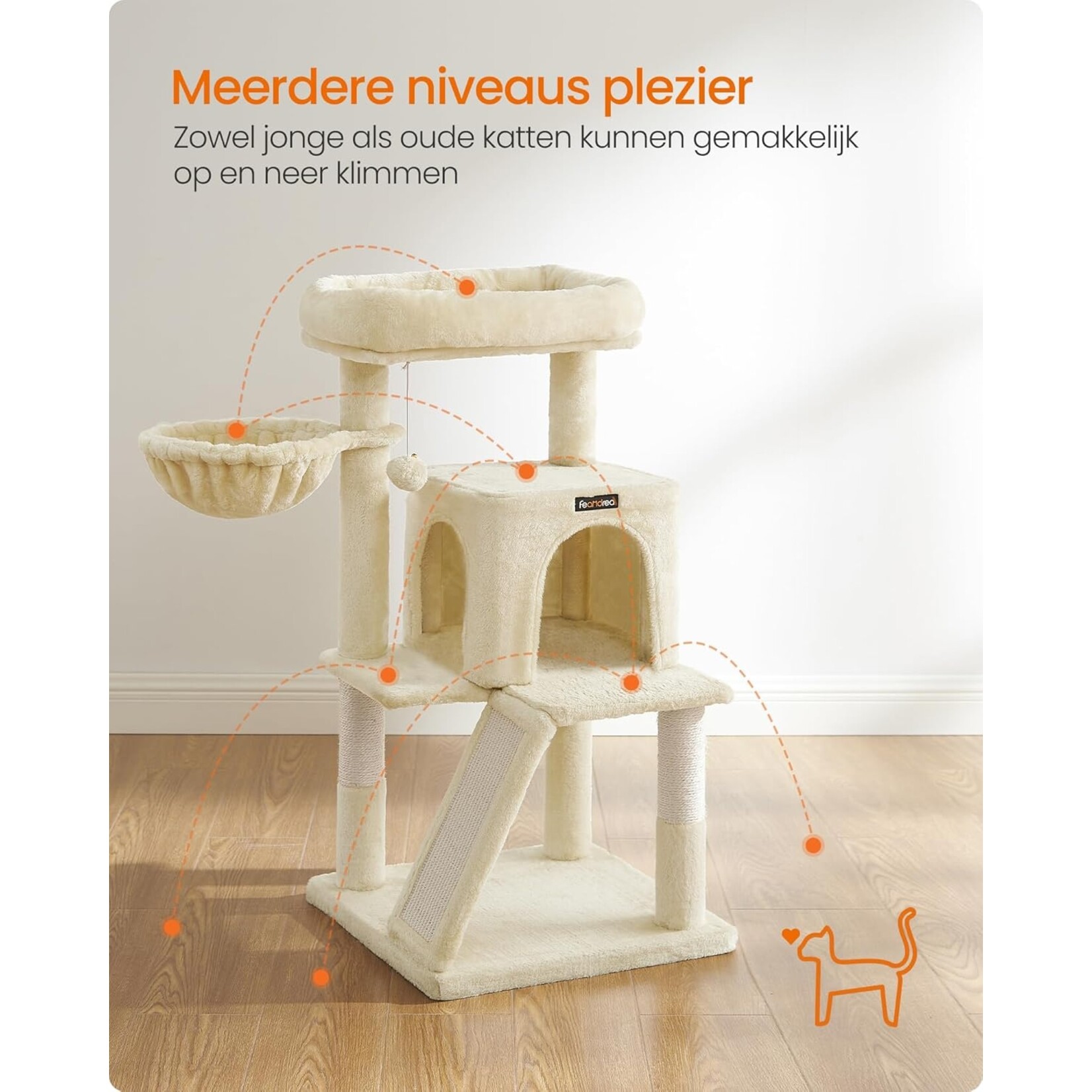 Cat Tree Large Platform 112 cm – Wide Platform 45×30 cm, Cave with Double Door, 2-in-1 Scratching Ramp, Lounger, 2 Sisal Posts, Beige