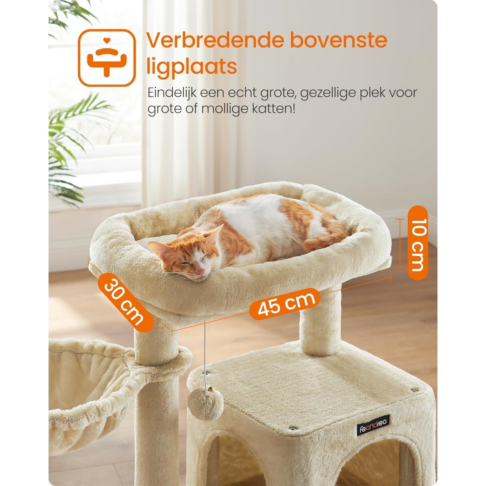 krabpaal groot platform 112 cm – breed platform 45×30 cm, grot met dubbele deur, 2-in-1 krabplank met helling, ligstoel, 2 sisalpalen, beige
