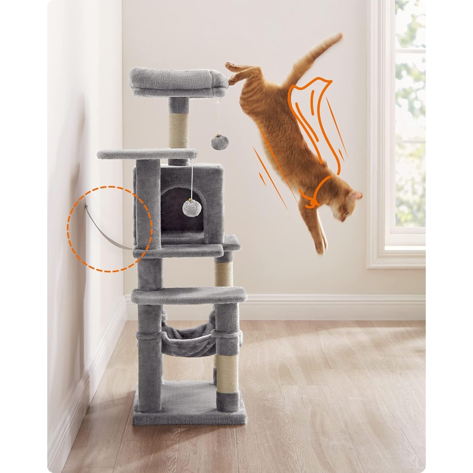 krabpaal kattenboom 112 cm – 4 krabpilaren, 2 gevoerde platforms, hangmat, hol, 2 pluche ballen, meerlaags design, kantelbeveiliging, lichtgrijs
