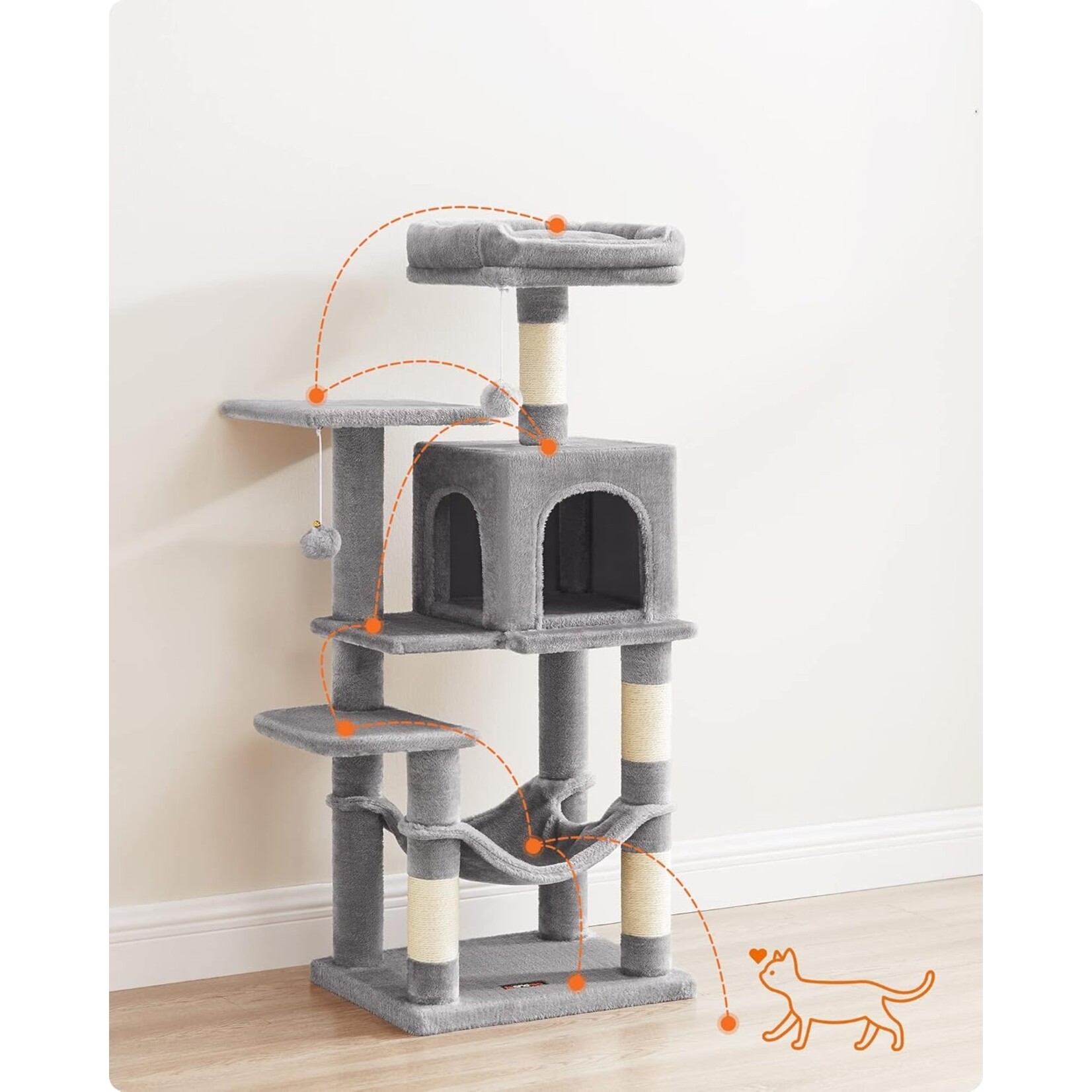 Cat Tree 112 cm – 4 Sisal Scratching Posts, 2 Padded Platforms, Hammock, Cave, 2 Plush Balls, Multi-Level Design, Anti-Tip Kit, Light Grey