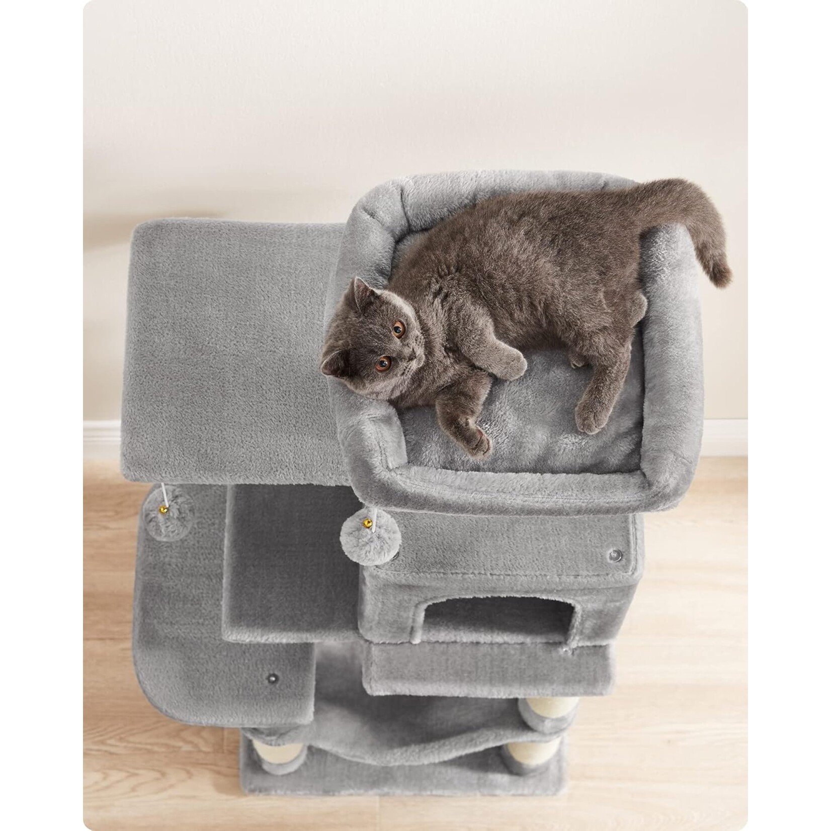 krabpaal kattenboom 112 cm – 4 krabpilaren, 2 gevoerde platforms, hangmat, hol, 2 pluche ballen, meerlaags design, kantelbeveiliging, lichtgrijs