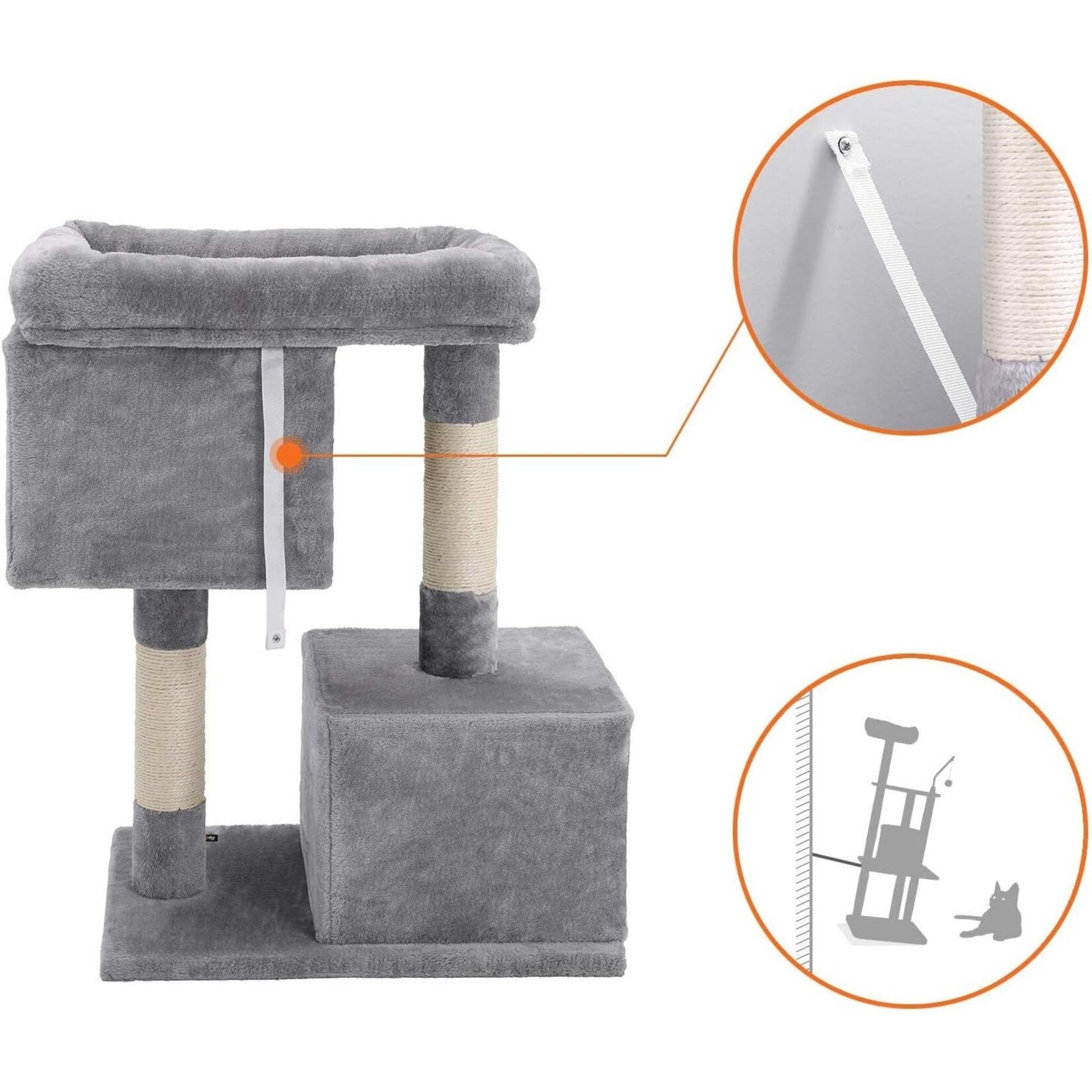 Cat Tree Cat House 84 cm – Large Platform with Raised Edges, 2 Plush Caves, Sisal Posts, Plush Ball, Reinforced Base, Anti-Tip Kit, Light Grey