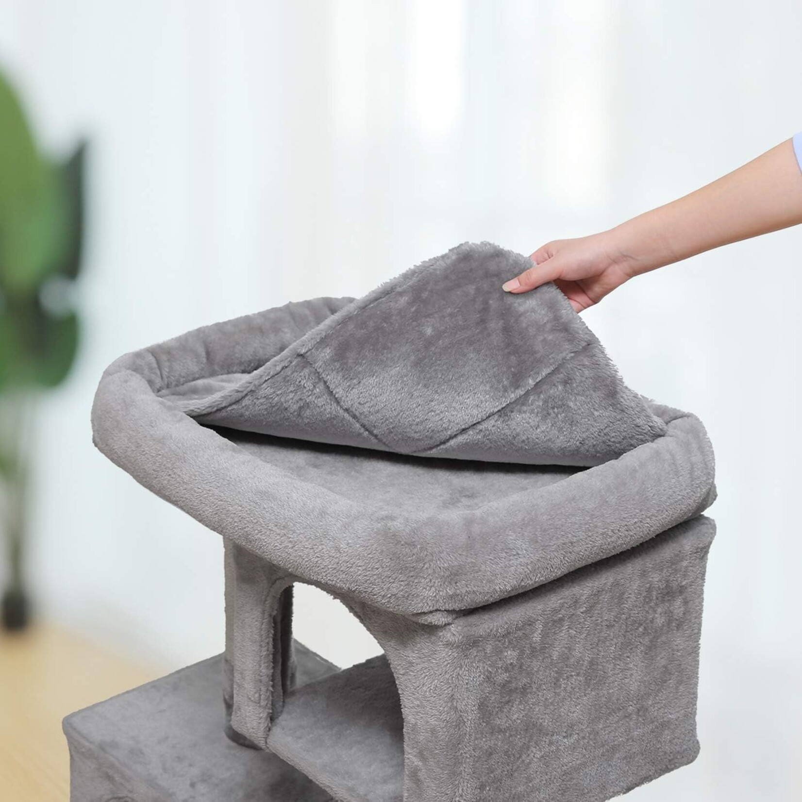 Cat Tree Cat House 84 cm – Large Platform with Raised Edges, 2 Plush Caves, Sisal Posts, Plush Ball, Reinforced Base, Anti-Tip Kit, Light Grey