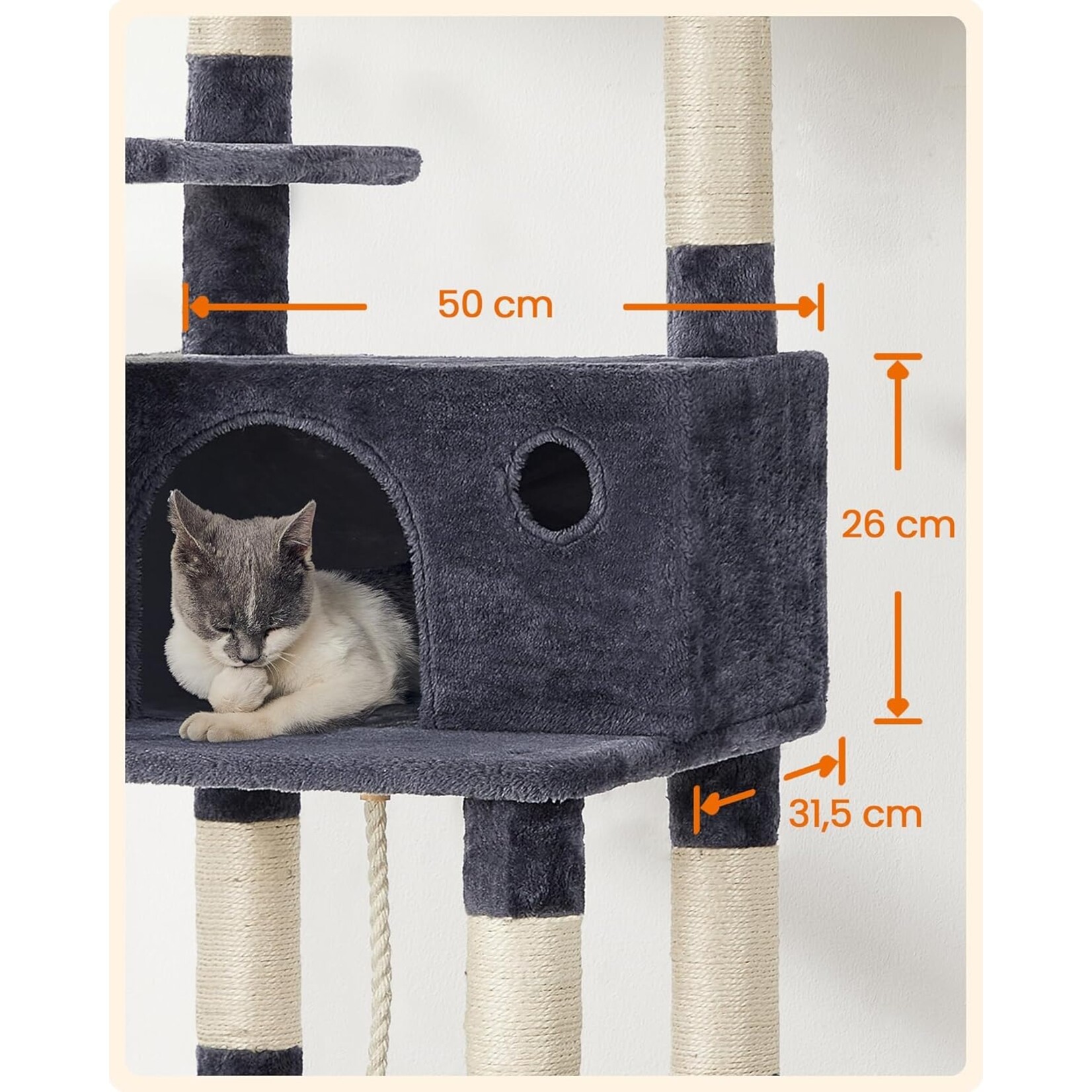krabpaal XXL cat condo 164 cm – 6 niveaus, 2 platforms, kattenhuis, hangmat, ligstoel, 3 speelhengels, sisaltouw, anti-kanteling, rookgrijs