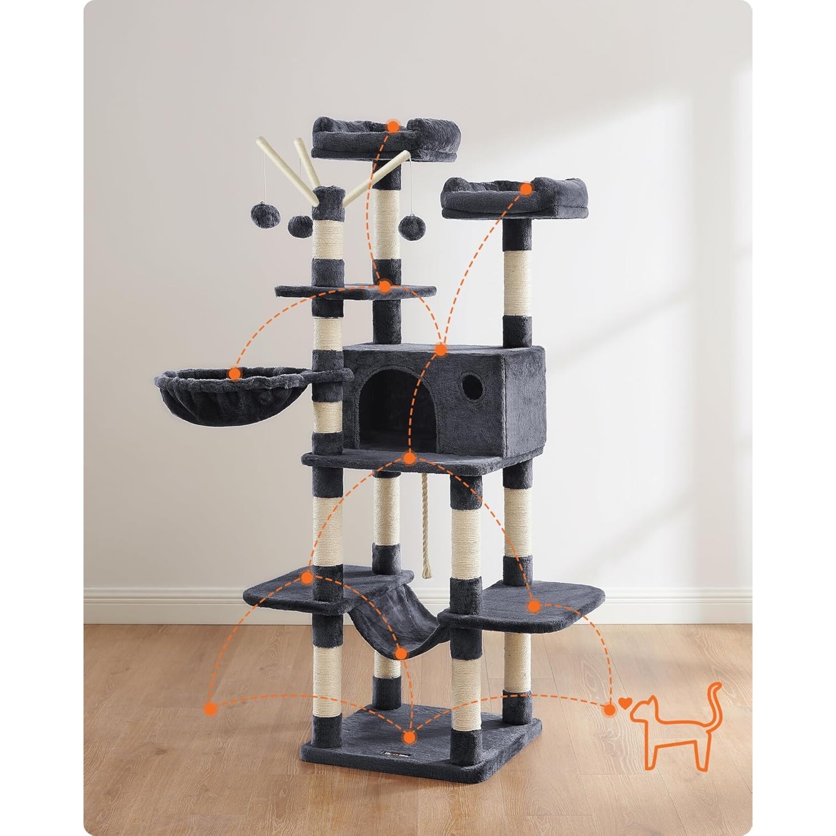 XXL Cat Tree Cat Condo 164 cm – 6 Levels, 2 Platforms, Cat House, Hammock, Lounger, 3 Play Wands, Sisal Rope, Anti-Tip Design, Smoky Grey