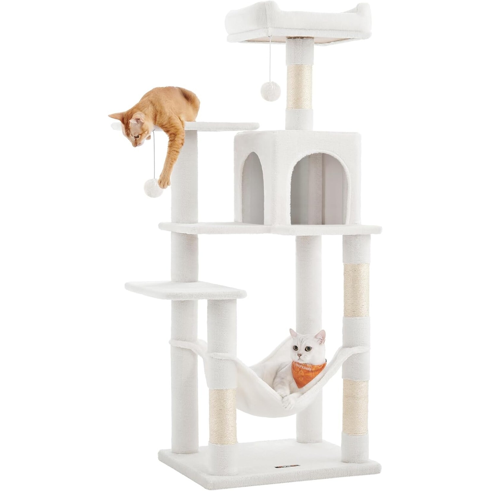 Cat Tree Play Tower 143 cm – 4 Scratching Posts, 2 Platforms, Cave, Hammock, 2 Pompoms with Bells, Multi-Tier Design, 5 Resting Spots, Cream White
