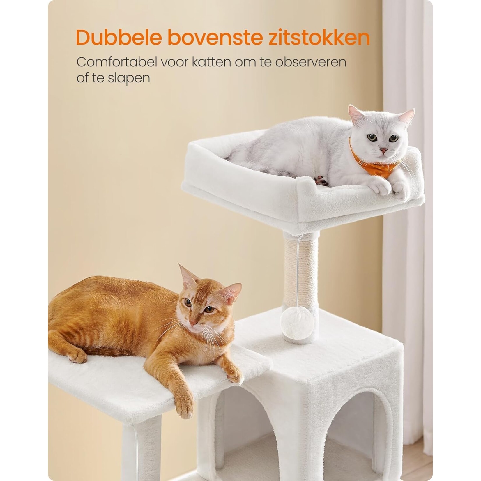 krabpaal speeltoren 143 cm – 4 krabpalen, 2 platforms, grot, hangmat, 2 pompons met belletjes, meertraps design, 5 ligplekken, crèmewi