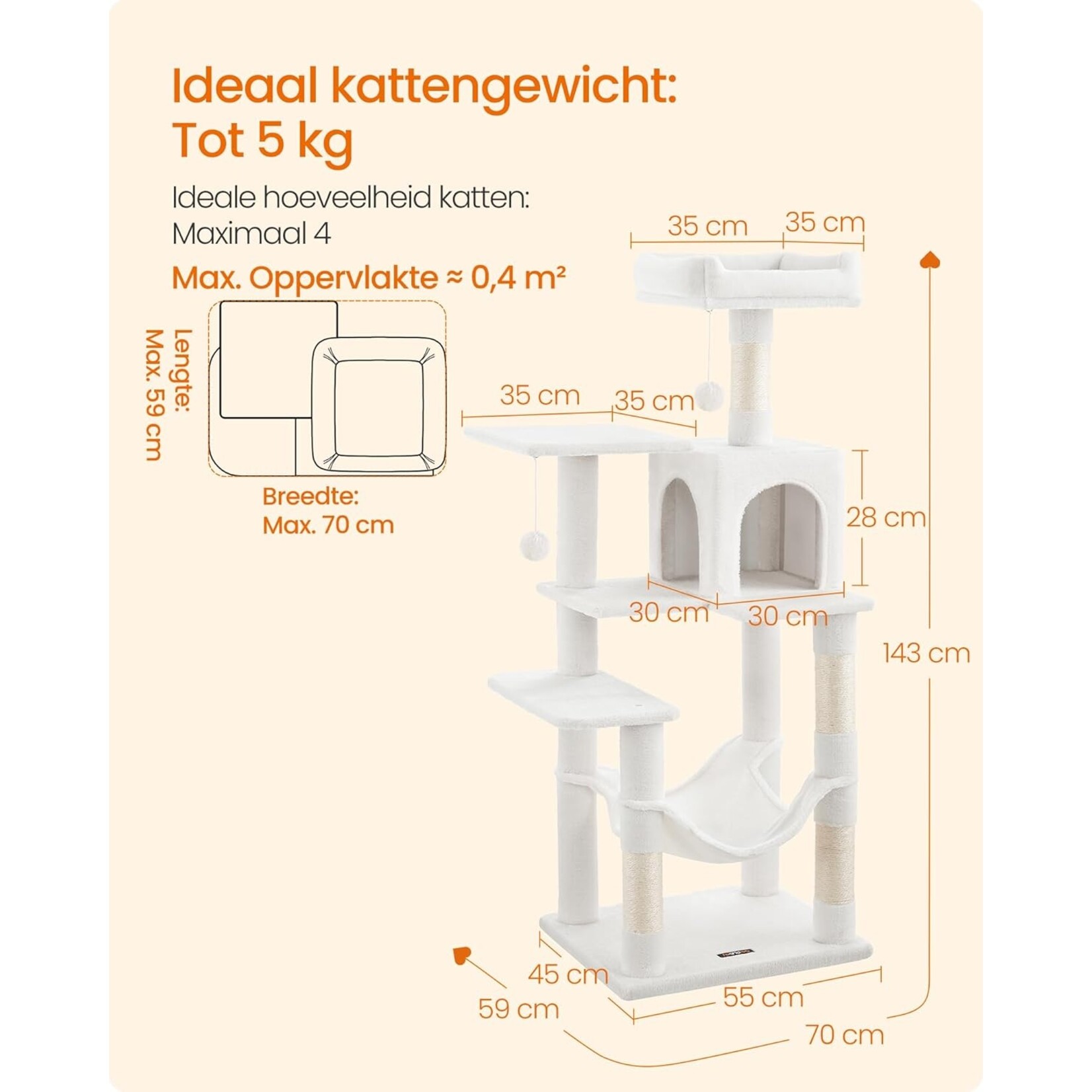krabpaal speeltoren 143 cm – 4 krabpalen, 2 platforms, grot, hangmat, 2 pompons met belletjes, meertraps design, 5 ligplekken, crèmewi