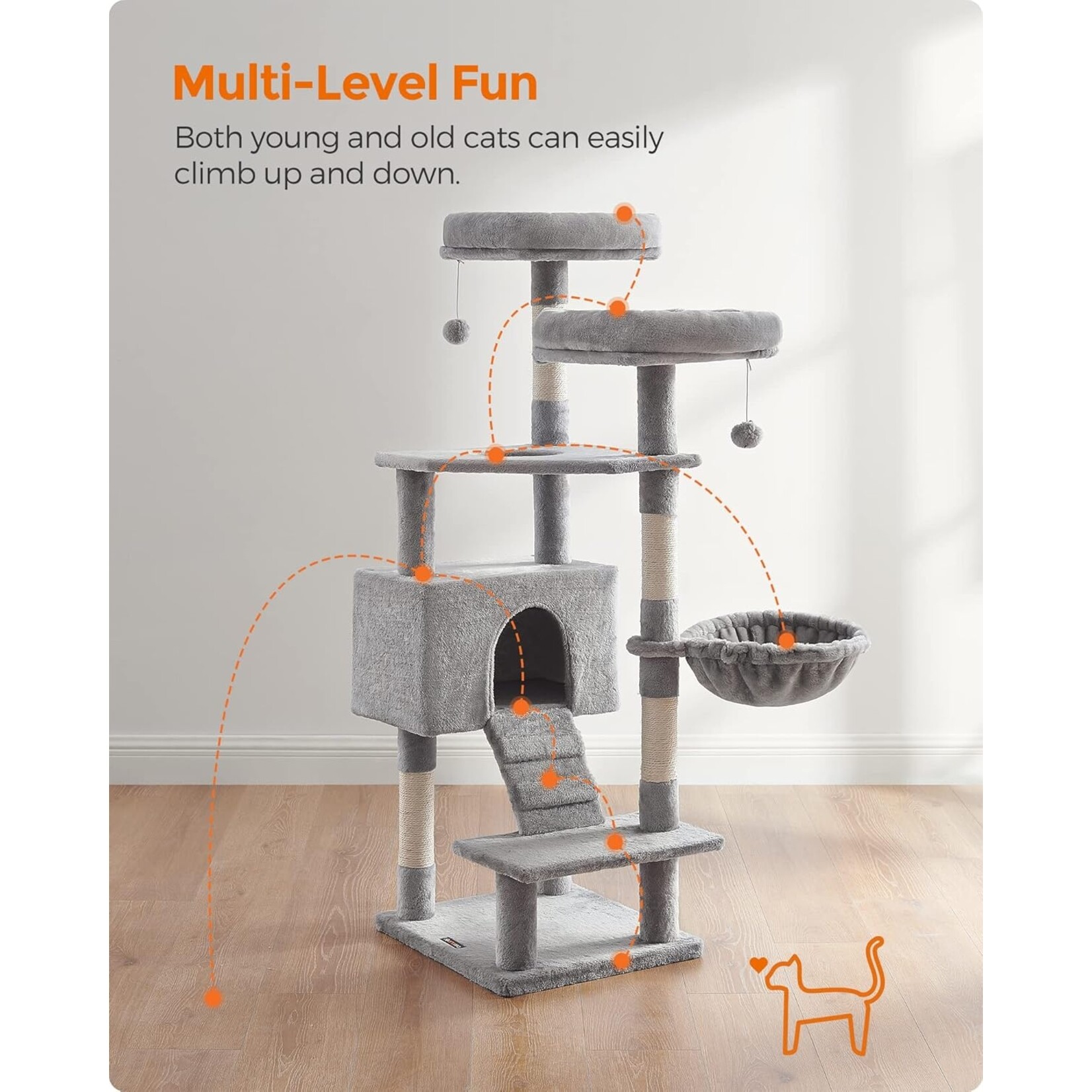 kattenboom activiteitencentrum 142 cm – 2 platforms, grot, hangmat, sisalstammen, trapvormig design, kantelbeveiliging, lichtgrijs