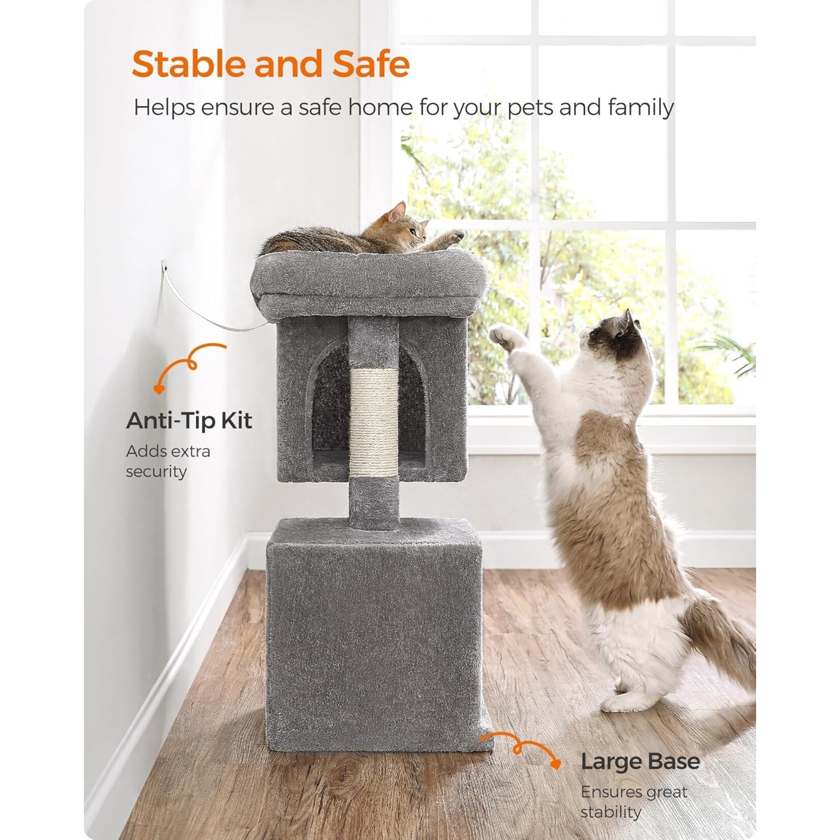 Cat Tree Play Tower 74 cm – Large Platform, 2 Caves, Sisal Scratching Post, Removable Washable Cushion, Stair-Like Design, Anti-Tip Kit, Light Grey