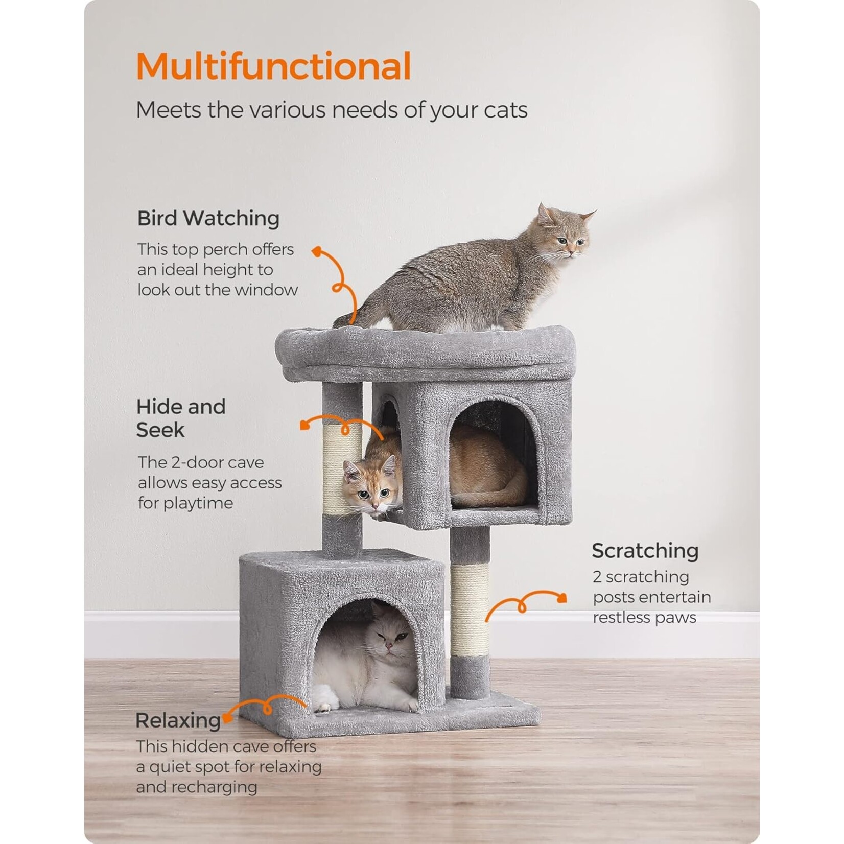 Cat Tree Play Tower 74 cm – Large Platform, 2 Caves, Sisal Scratching Post, Removable Washable Cushion, Stair-Like Design, Anti-Tip Kit, Light Grey