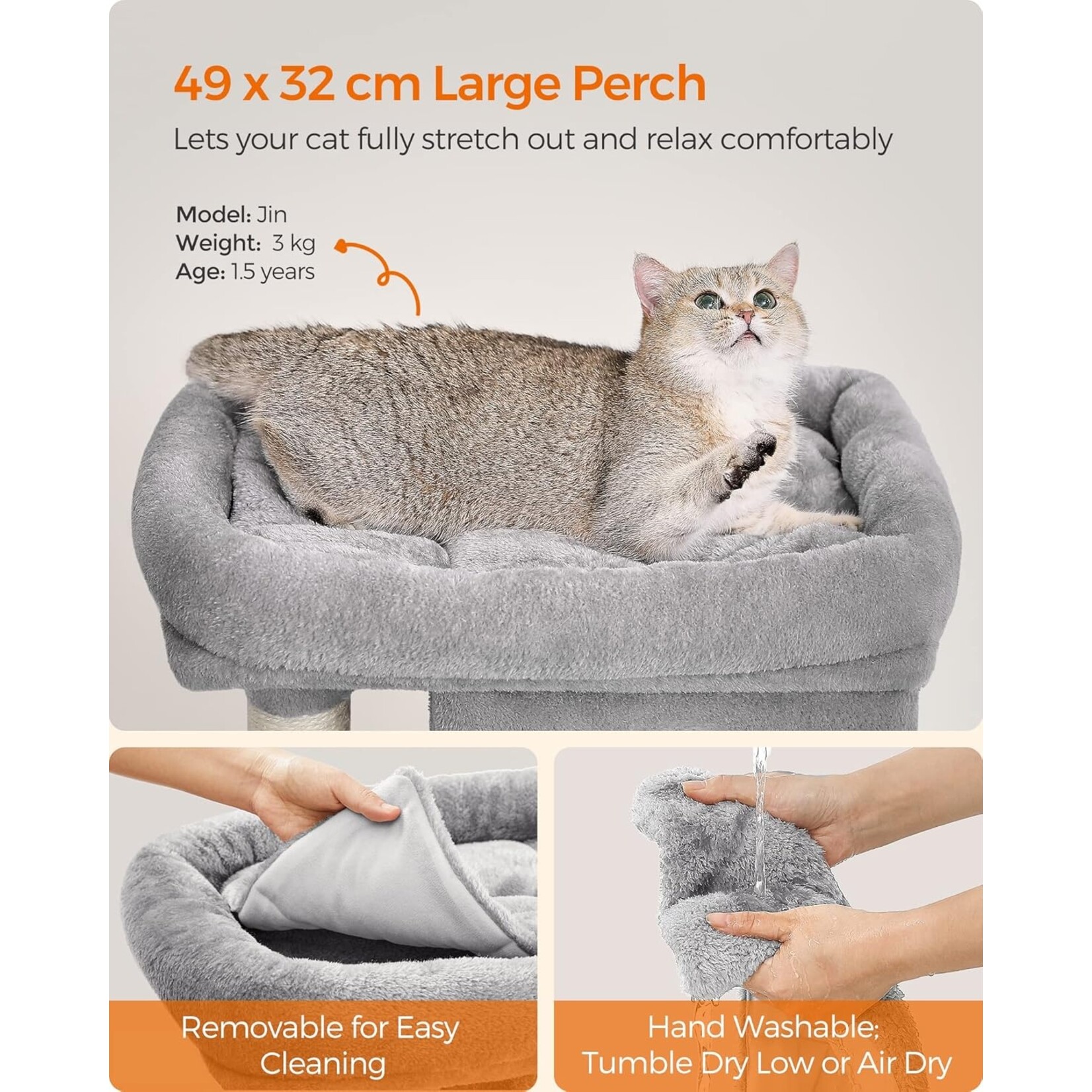 kattenboom speeltoren 74 cm – groot platform, 2 grotten, sisalkrabpaal, afneembaar wasbaar kussen, trapvormig design, kantelbeveiliging, lichtgrijs