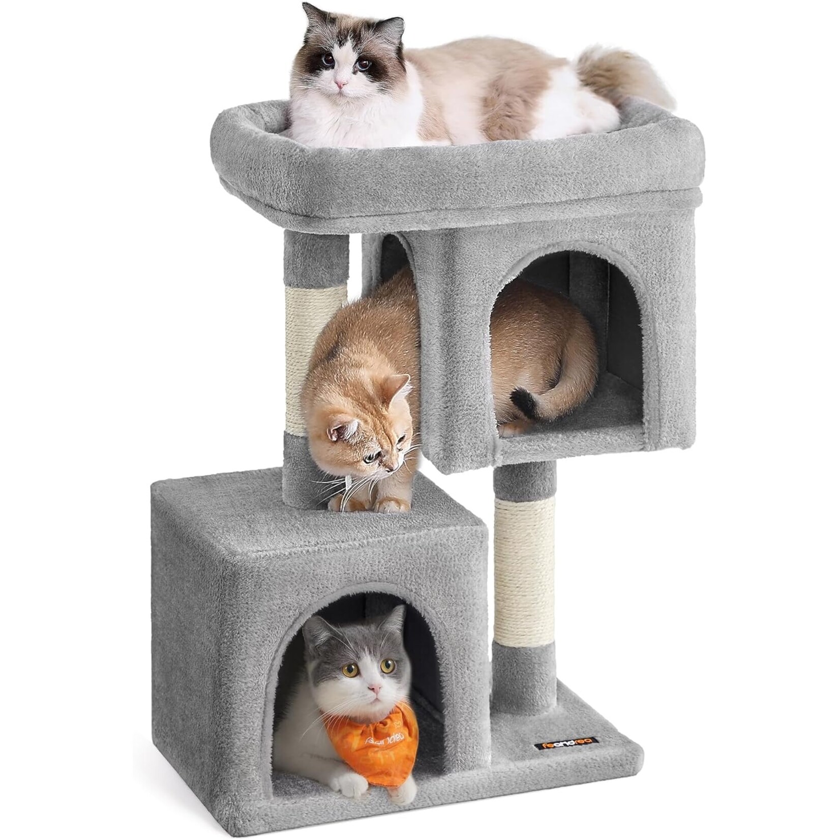 kattenboom speeltoren 74 cm – groot platform, 2 grotten, sisalkrabpaal, afneembaar wasbaar kussen, trapvormig design, kantelbeveiliging, lichtgrijs