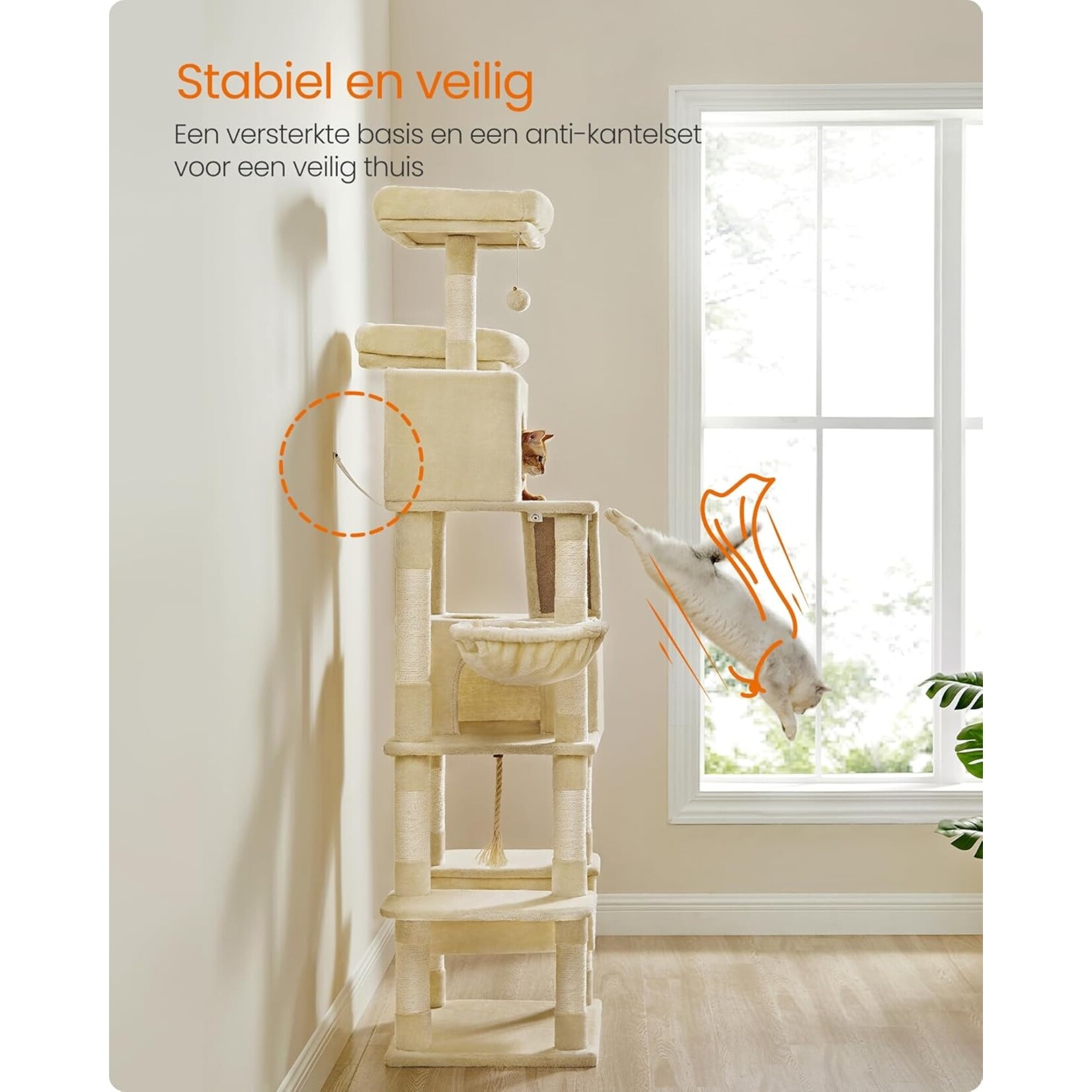 XXL Cat Tree 206 cm – 13 Sisal Posts, Scratching Ramp, 2 Platforms, 2 Caves, Basket, Hammock, Plush Balls, Max. 6 Cats, Anti-Tip Kit, Beige
