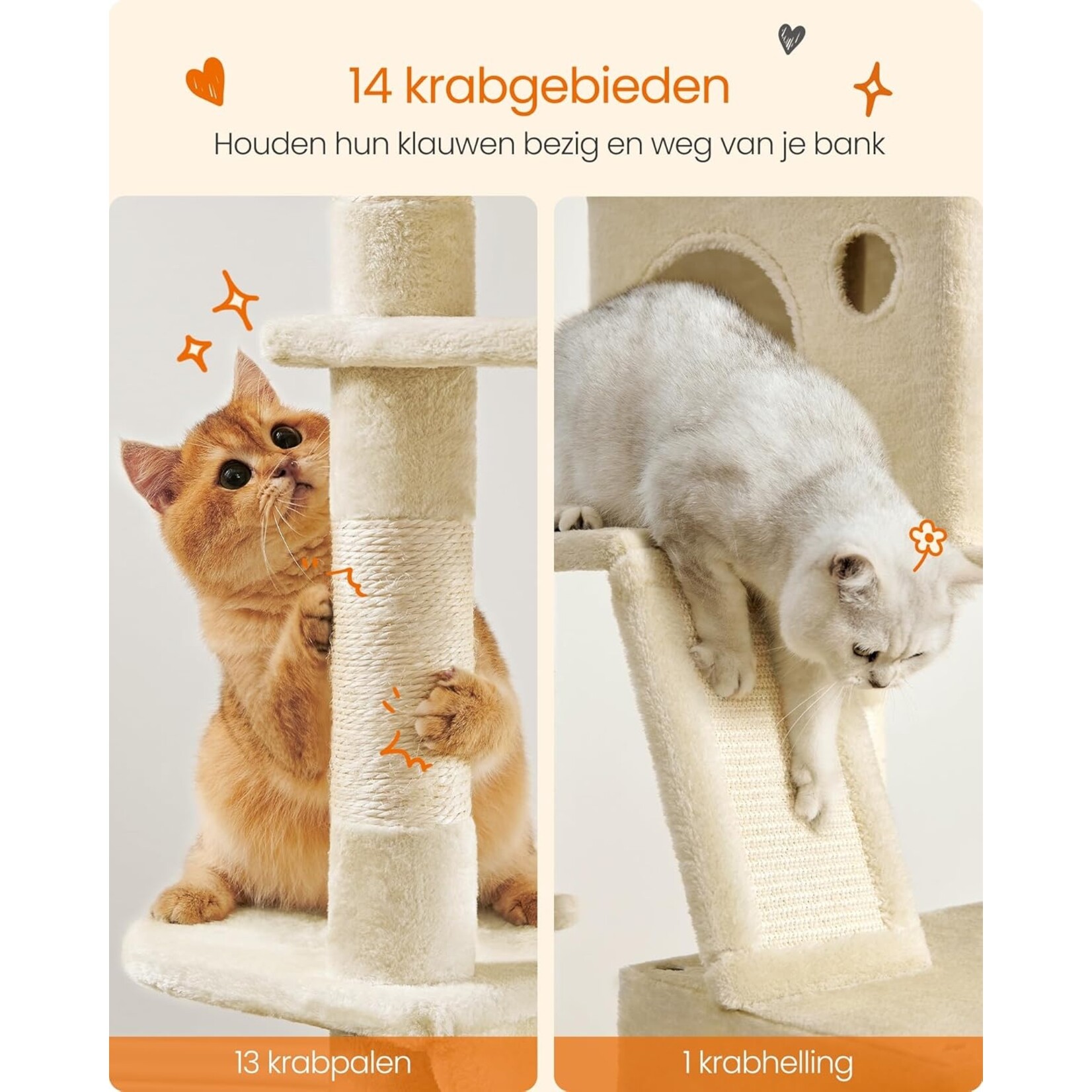 XXL Cat Tree 206 cm – 13 Sisal Posts, Scratching Ramp, 2 Platforms, 2 Caves, Basket, Hammock, Plush Balls, Max. 6 Cats, Anti-Tip Kit, Beige