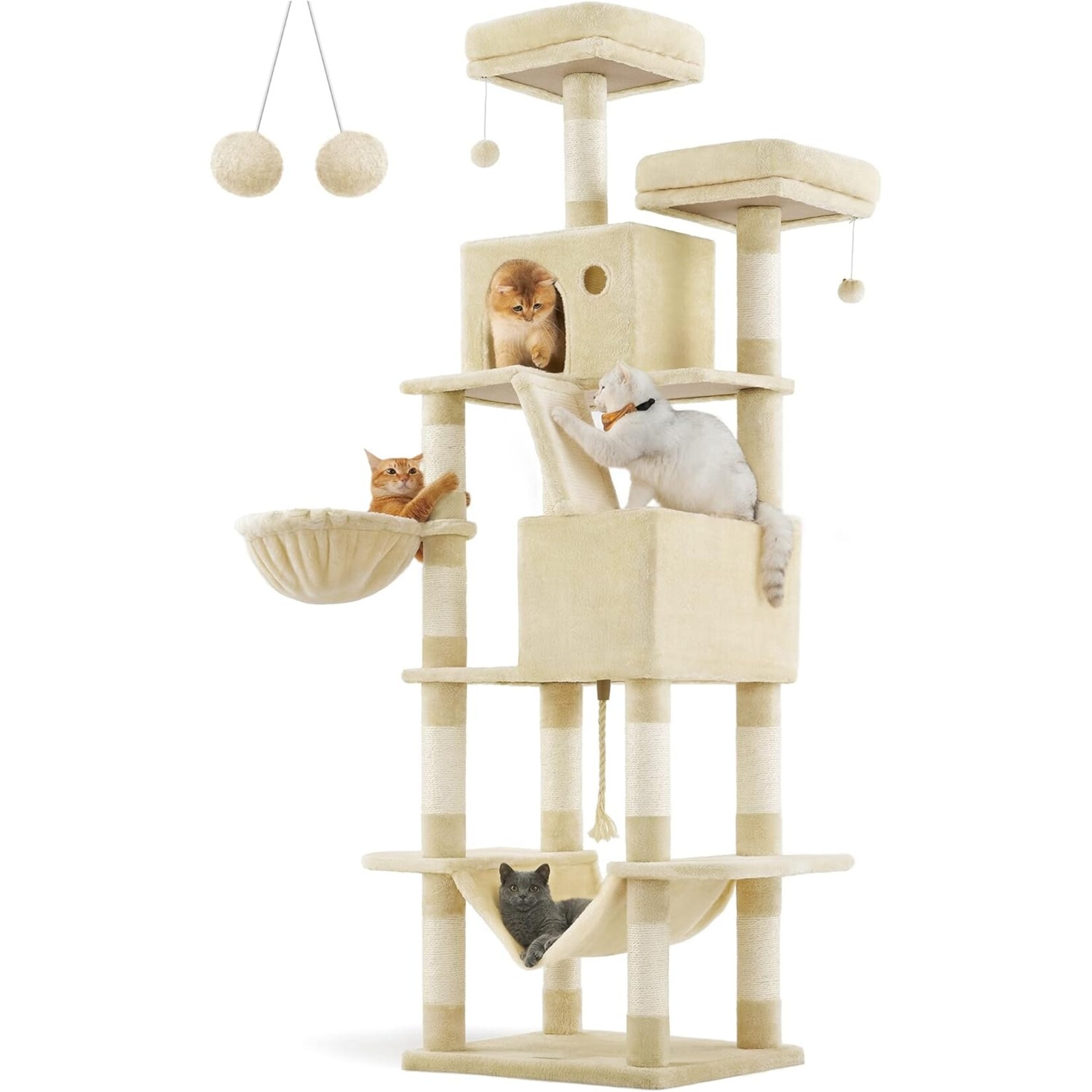 XXL Cat Tree 206 cm – 13 Sisal Posts, Scratching Ramp, 2 Platforms, 2 Caves, Basket, Hammock, Plush Balls, Max. 6 Cats, Anti-Tip Kit, Beige